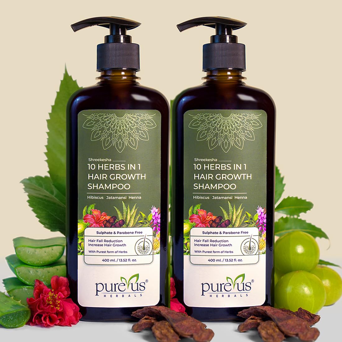 Pureus Herbals Shreekesha 10 Herbs in 1 Sulphate & Parabene Free Shampoo for damage control, hair fall | Herbal Hair Cleanser with Powerful Natural Ingredients for Women & Men (800 gm.)