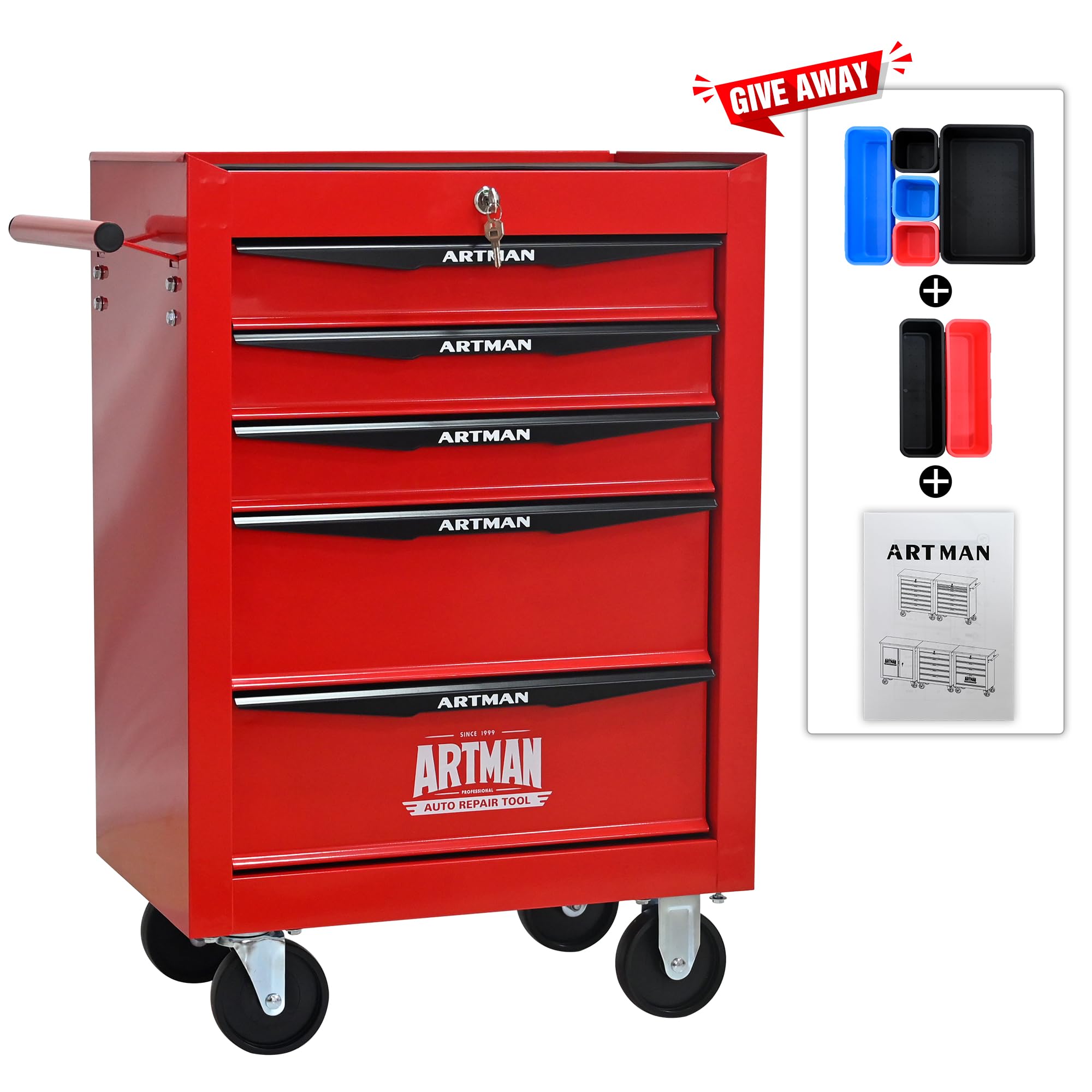 Generisch Carrello portautensili a 5 cassetti con ruote, mobile con cassetti con cuscinetti a sfera, robusta cassetta degli attrezzi in acciaio rosso/nero per garage e officina