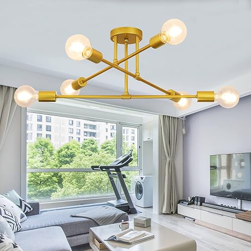 PARNOARCK Semi Flush Mount 6-Light Sputnik Ceiling Lights with E26 Base, Modern Rustic Glod Sputnik Chandelier,Ceiling Sputnik Light Fixture for Dining Room Living Bed Room,Bulbs not Included
