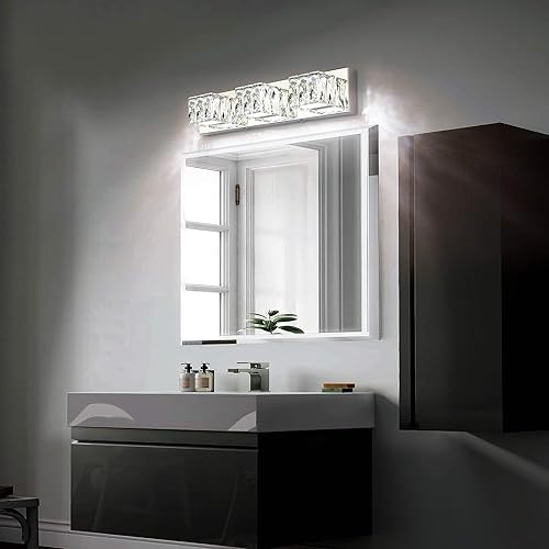 Miniatura 5 de ZUZITO Lámparas de baño cromadas  3 luces de cristal modernas para tocador de baño  Luces LED regulables de 18 W para baño pequeño