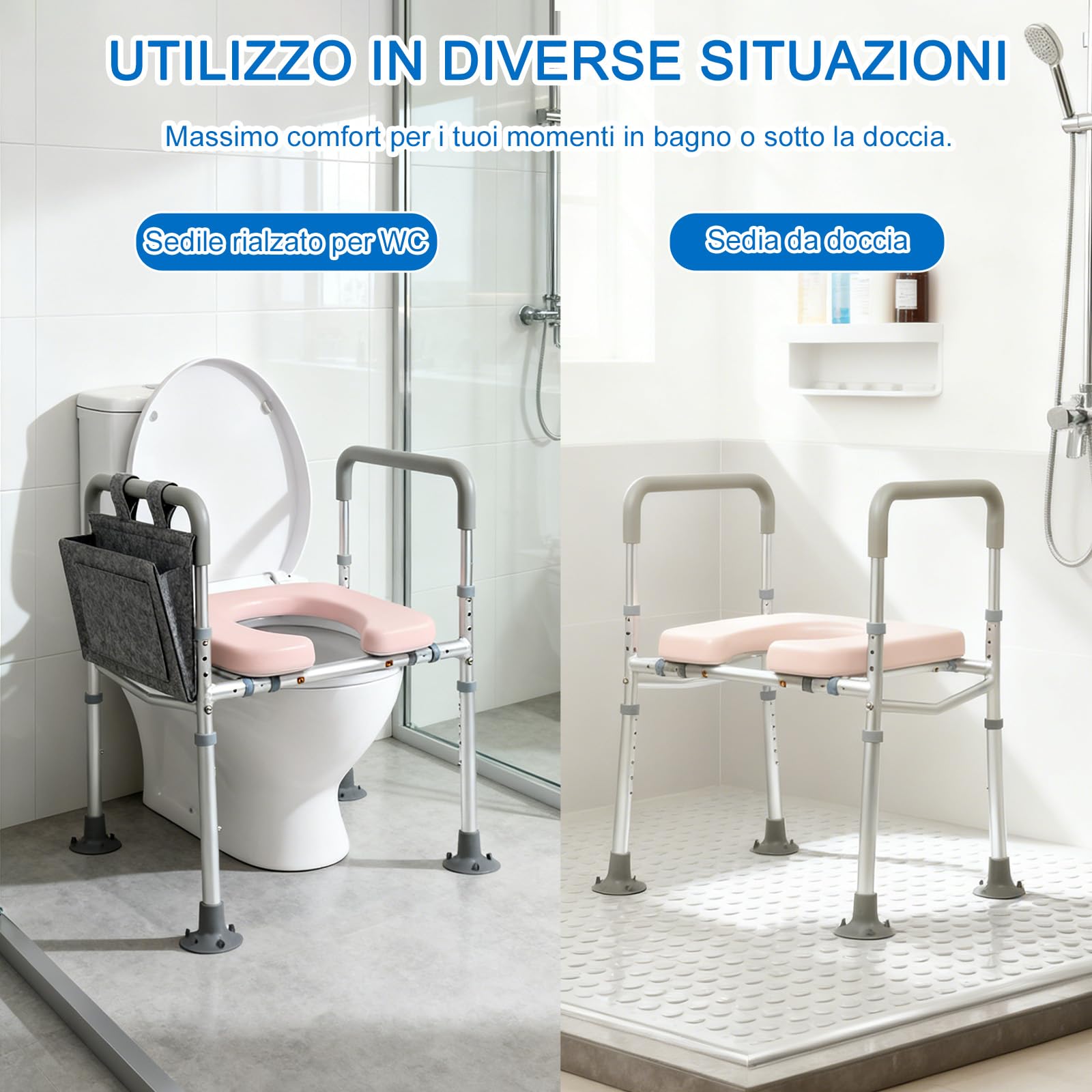 NJUN Rialzo WC per Anziani, Sedile del Water Rialzato con Braccioli, Regolabile in Altezza 66-84 cm, Comoda WC Alzata Water per Anziani con Seduta Imbottita e Telaio in Alluminio, Braccioli per WC