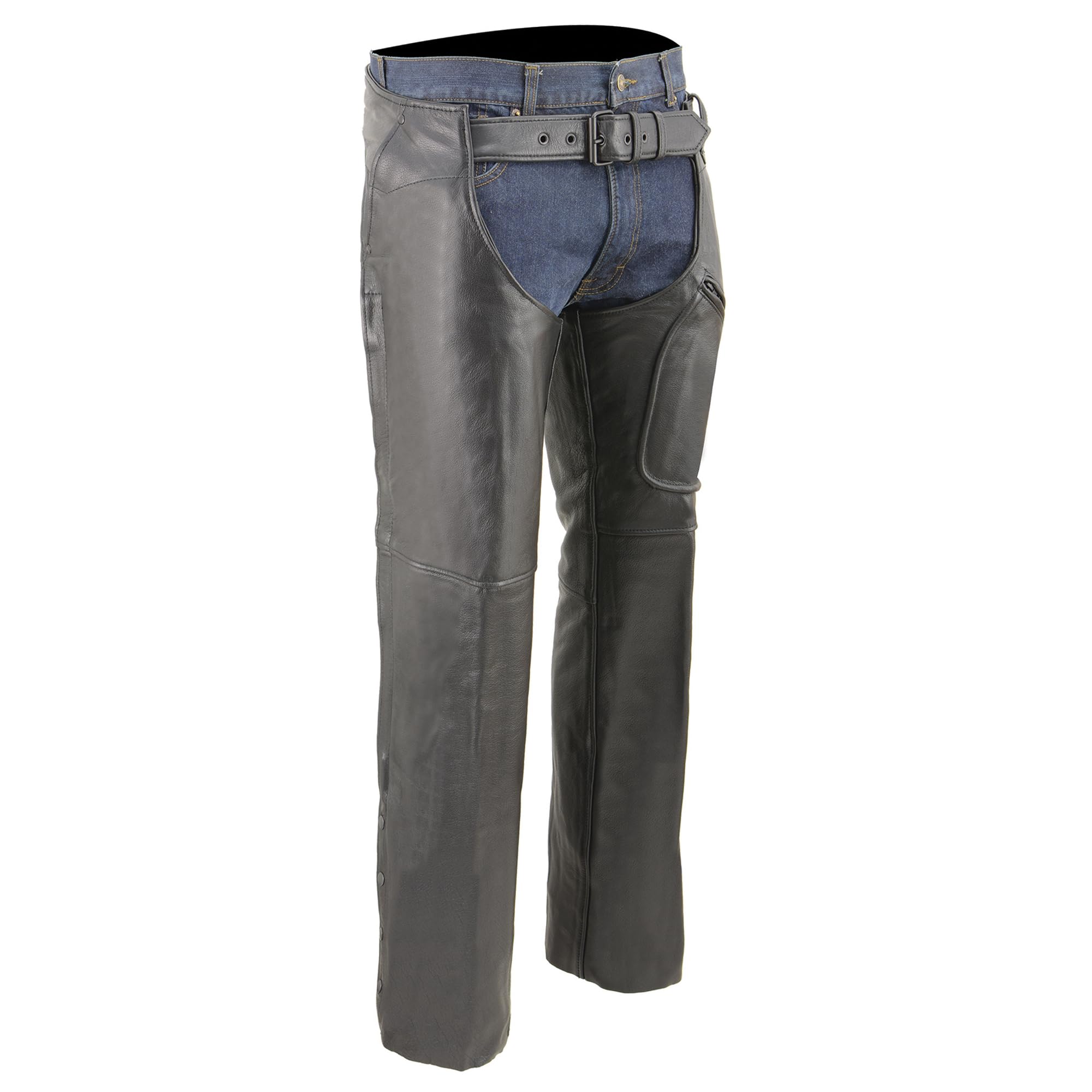 Milwaukee Leather Chaps for Men's Black Naked Leather Front 3-Pockets - Thigh Patch Pocket Motorcycle Chap ML1766 (Black, XS (22