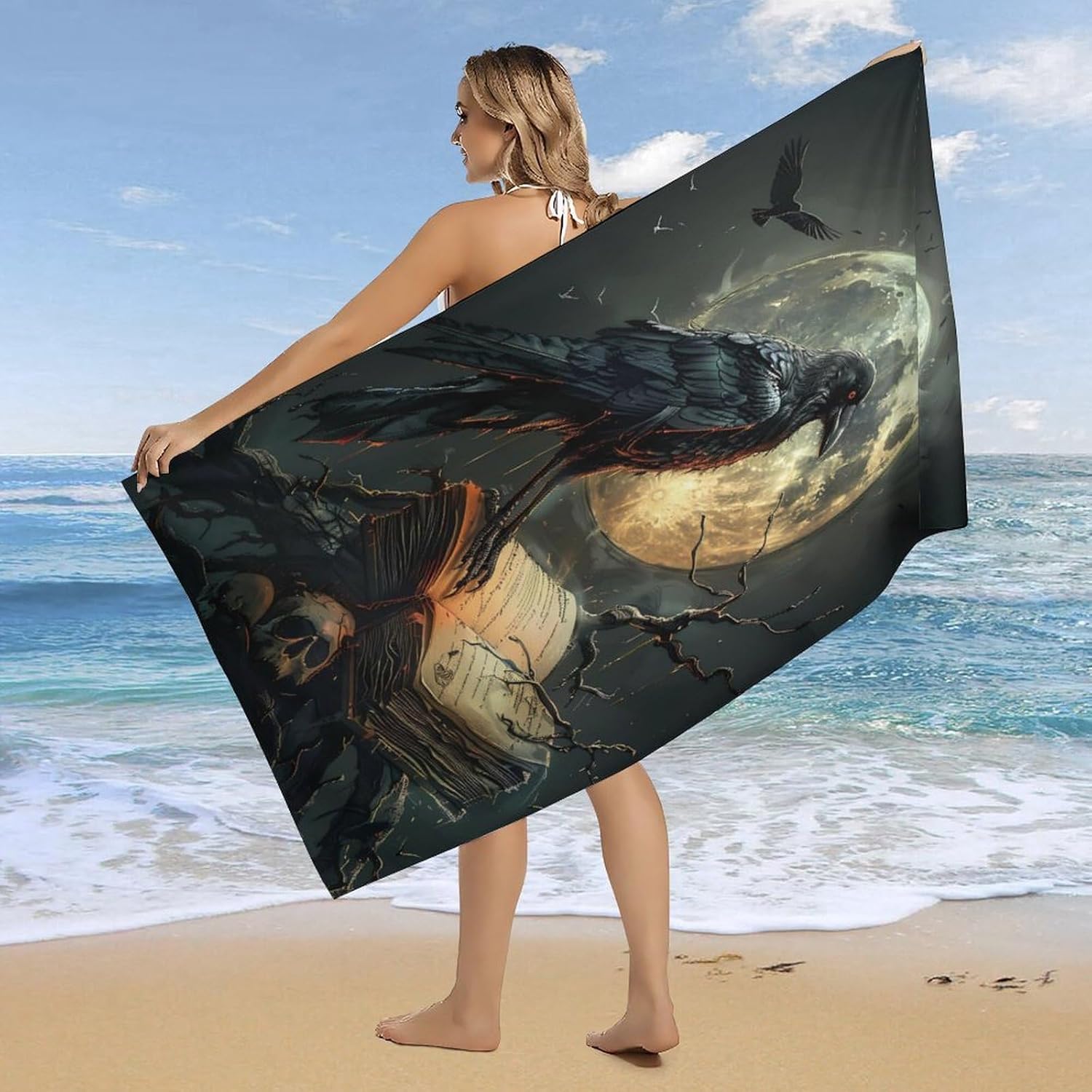 Raven Skull Witchcraft Bath Towel Beach Towels Quick Dry Oversized Bath Blanket Highly Absorbent Towel for Women Men 160x80cm