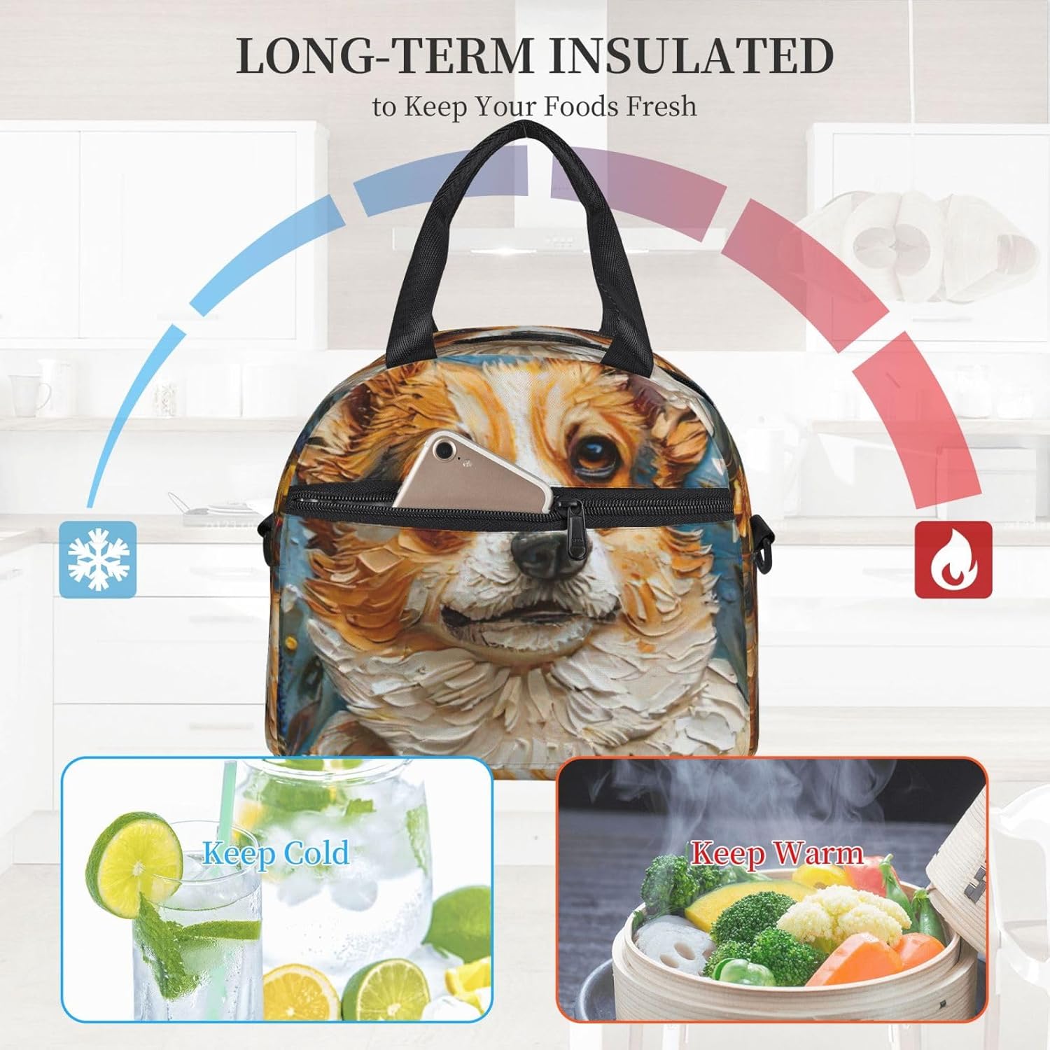 Corgi Floral Flowers Spring Garden Print Reusable Lunch Bag Insulated Lunch Boxes for Office Work Picnic Tote Bag Adjustable