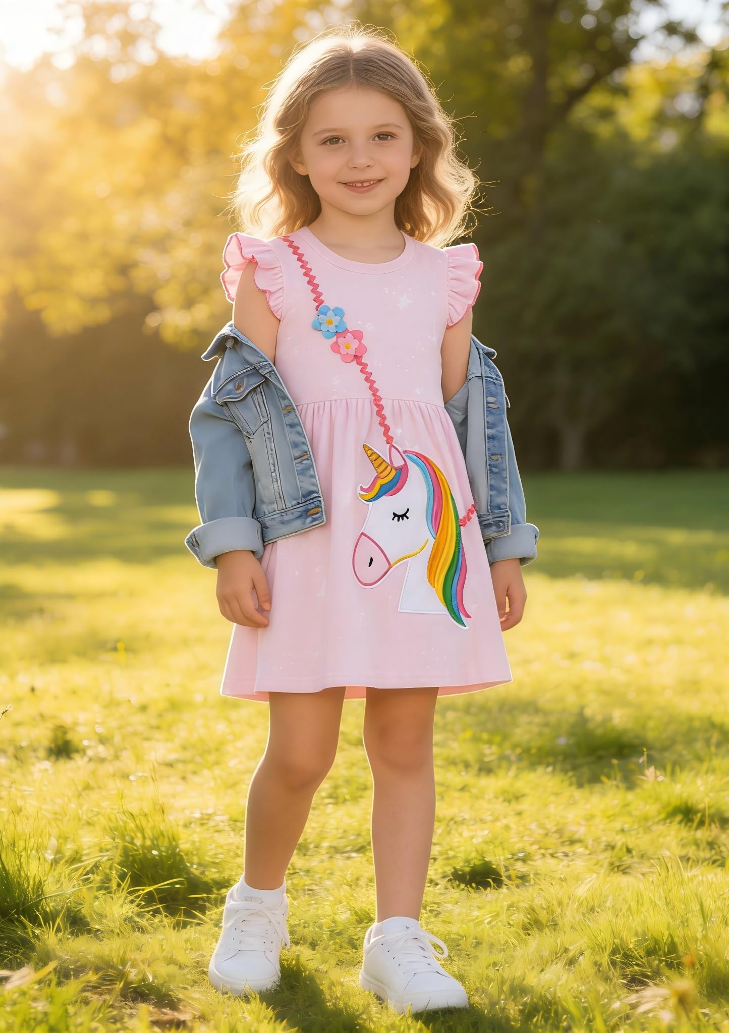 Vestido Niña Unicornio Manga Algodón Flores Verano Casual 2-8 Años