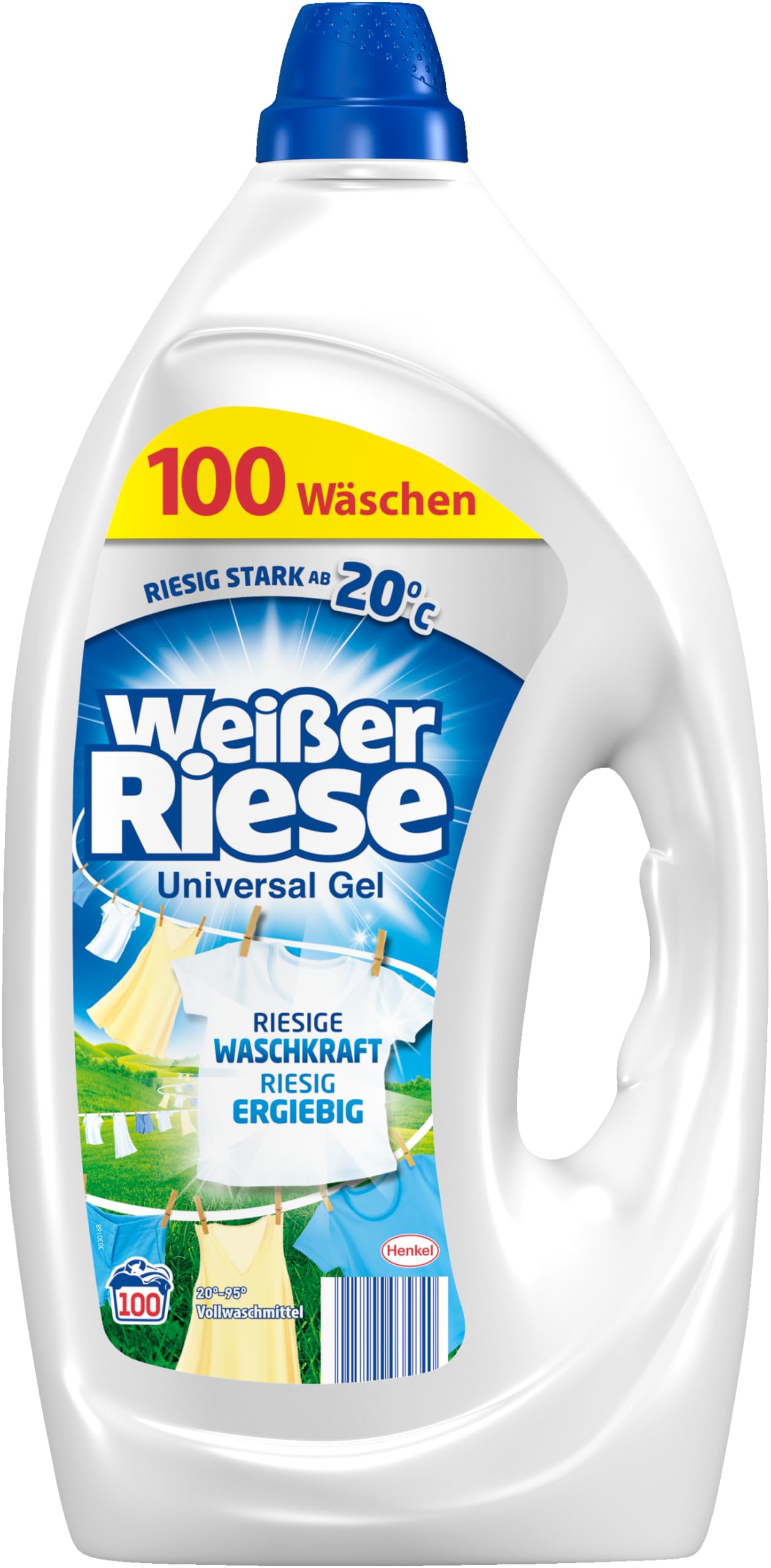 Weißer Riese Universal Gel (100 Waschladungen), riesig ergiebiges Vollwaschmittel mit riesiger Waschkraft ab 20 °C sorgt für strahlend saubere Wäsche, 100% recycelbar