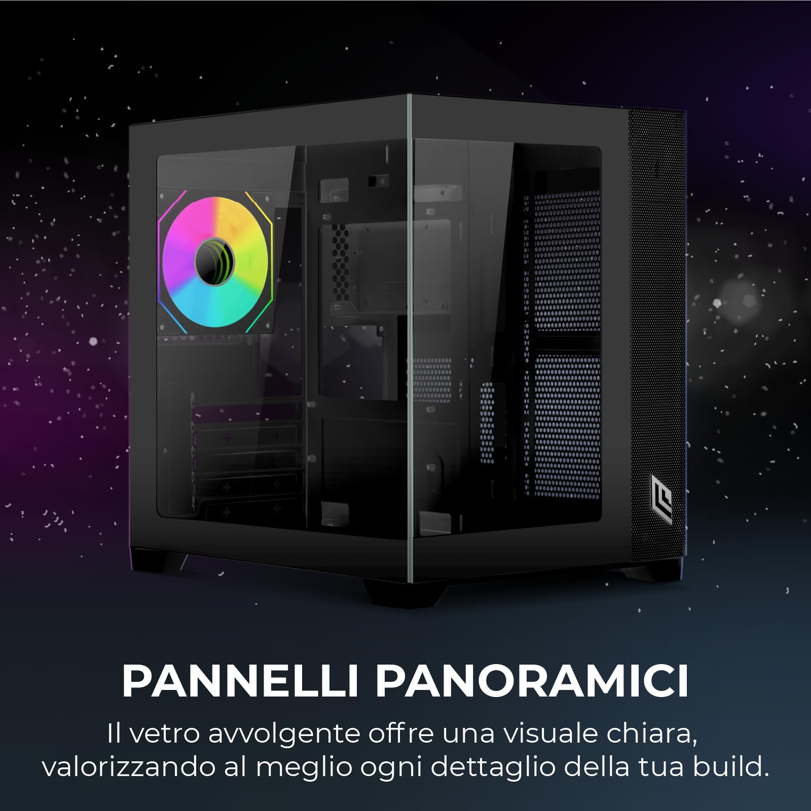 Noua Vision ZK100 Case PC Micro ATX Mini Tower Gaming | Pannelli Vetro Temperato Frontale e Laterale | Ventola ARGB Preinstallata | Struttura Dual Chamber | USB 3.0 | Filtro Anti-Polvere | Nero