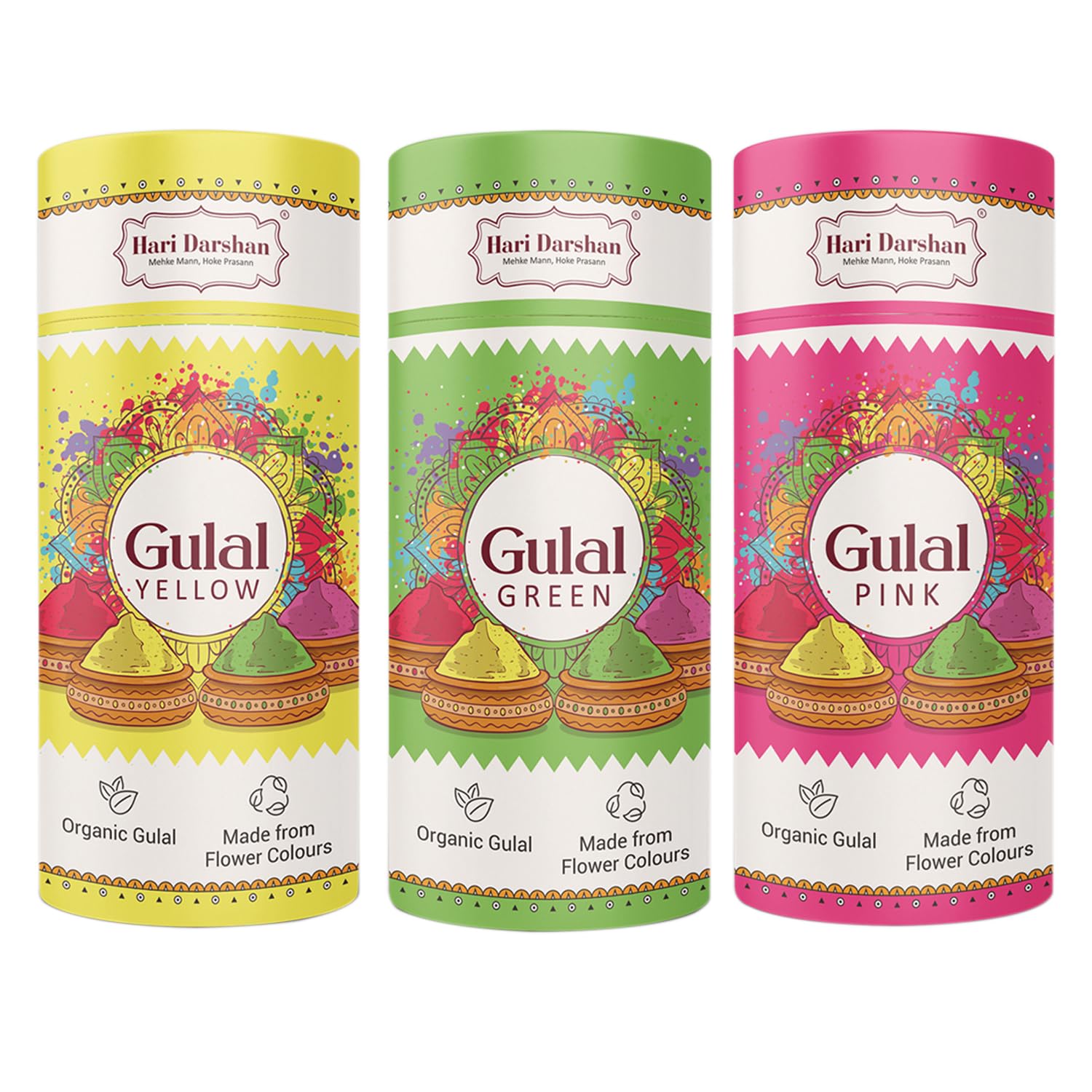 Organic Gulal | Natural Plant-Based Holi Colors | Herbal Non-Toxic Eco-Friendly Gulal | Skin-Friendly & Safe for Kids and Hair | Green Yellow Pink | Combo Pack of 3 (100g Each)