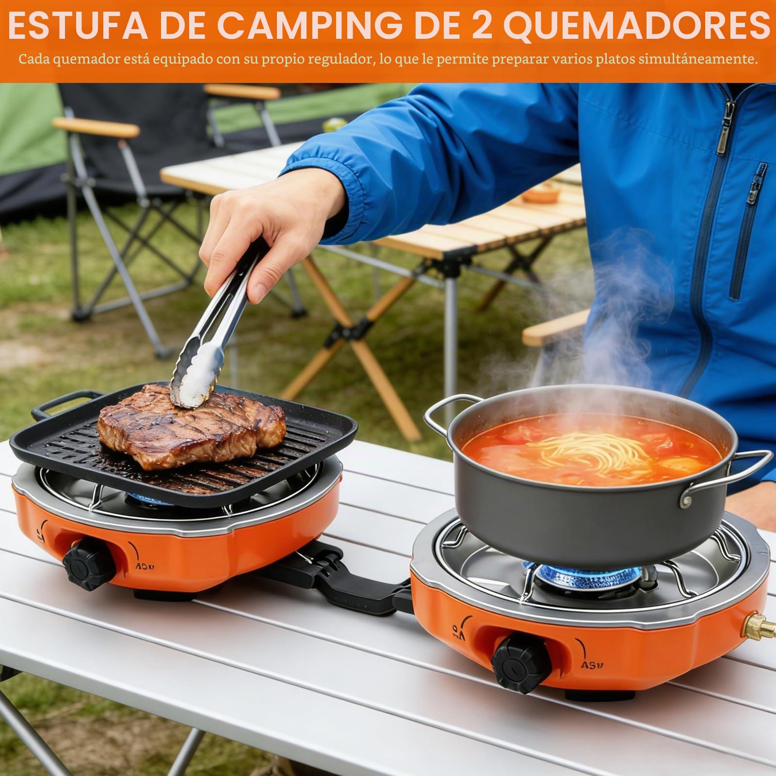 Hornillo de Camping de 2 Fuegos, Plegable y Portátil Cocina de Gas con Quemador Ajustable e Encendido Piezoeléctrico para Acampadas, Senderismo y Emergencias,Incluye Bolsa de Transporte y Parabrisas