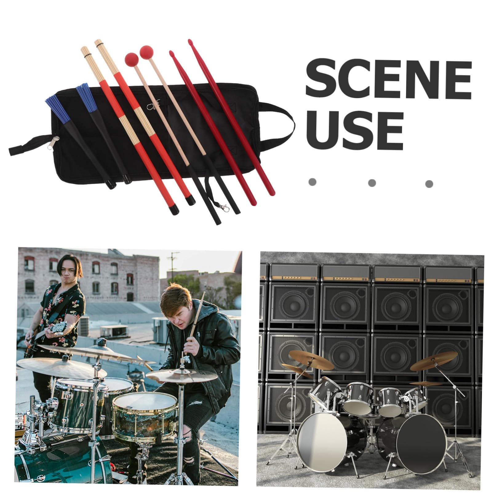 Beaupretty Juego de Baquetas para Batería 8 Piezas con Funda Negra, Mazos Antideslizantes Rojos, Escobillas de Nylon Azul y Cepillos de Madera Rojos, Accesorios Profesionales para Percusión