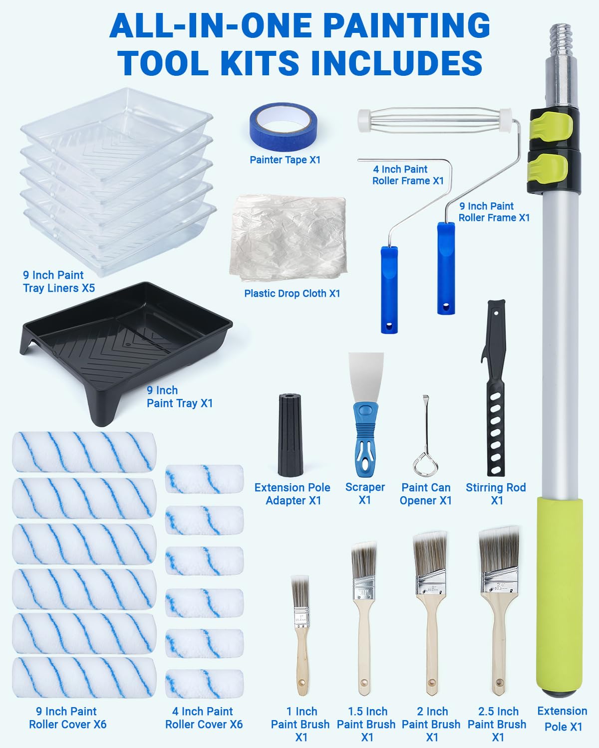 Farbroller-Set mit Verlängerungsstange, 6 bis 122 cm, All-in-One-Wandmalerei-Werkzeug-Set, Farbroller-Abdeckung und Farbrollerrahmen, Pinsel-Set für Hausmalerei – 30-teiliges Set