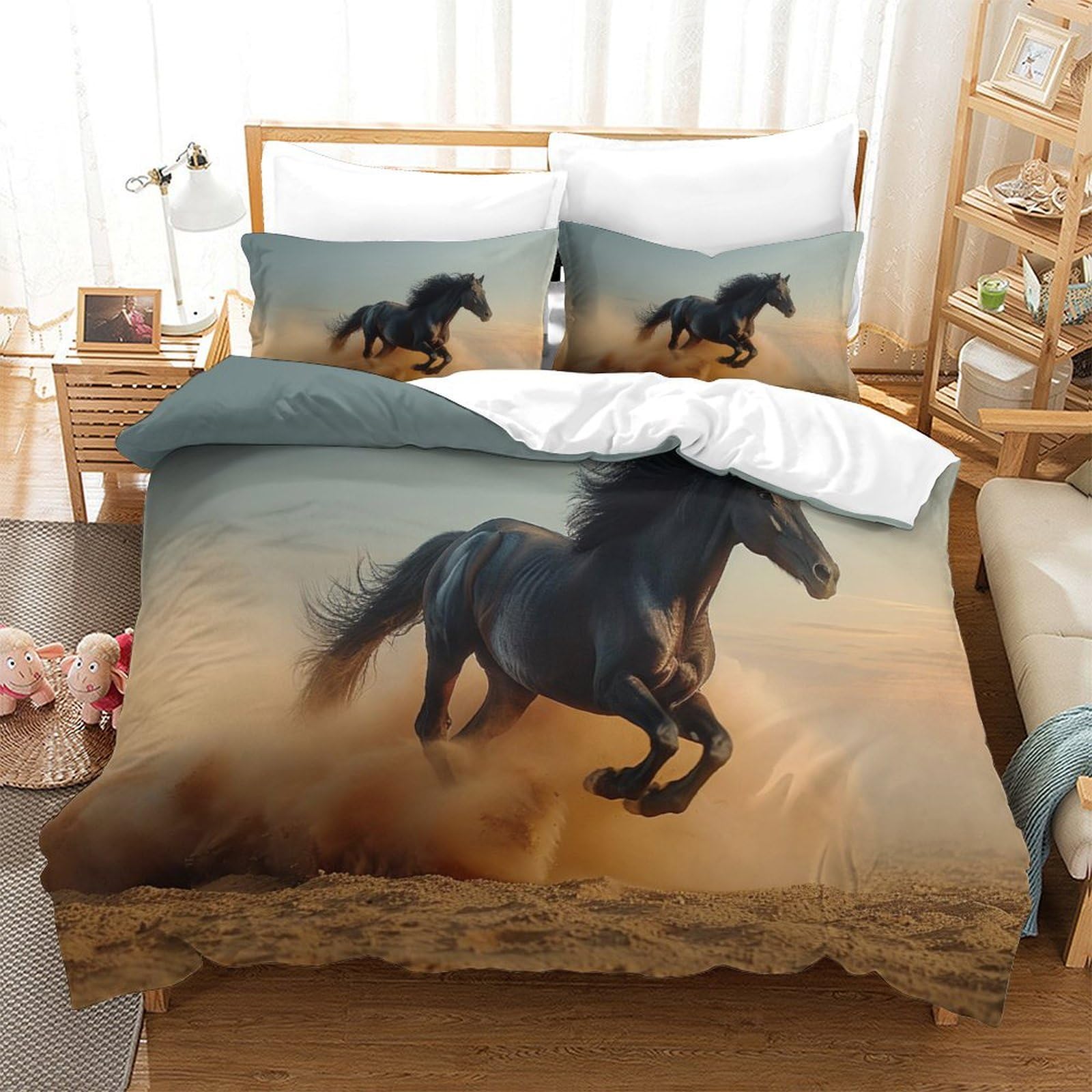 P1S9U7W5Y 3D Printed Galloping Horse Duvet Cover Set 3pcs Microfiber Wild Horse Bedding Set Single（140x200cm）