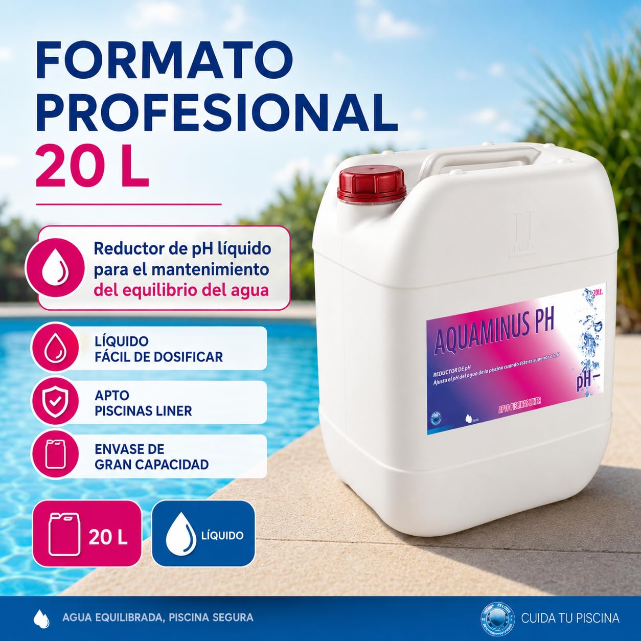 AQUAMINUS PH garrafa 20 litros (25 KG) para Piscinas con clorador salino - Reductor pH del Agua