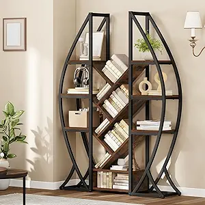 DWVO Oval Bookshelf, Triple Wide 5 Tier Etagere Bookcase, Industrial Display Shelves for Living Room, Bedroom, Home Office, Rustic Brown