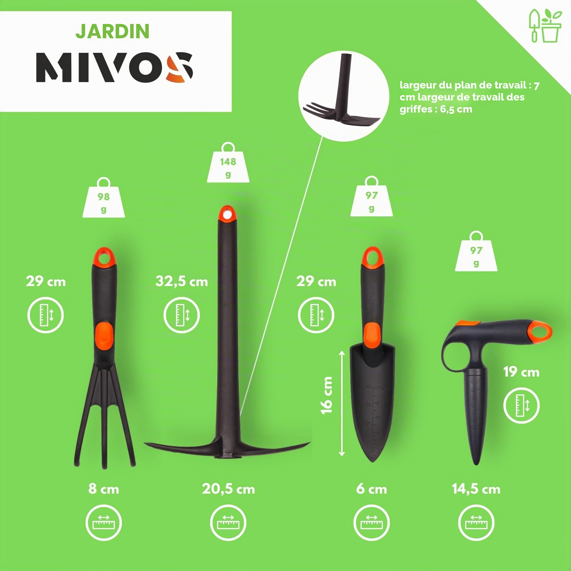 MIVOS Kit d'entretien Outils à Main de Jardin pour Plantes et Jardinage - Bâton de Plantation - Truelle de Fleurs - Double Binette - Mini Râteau - Plastique Renforcé de Fibre de Verre