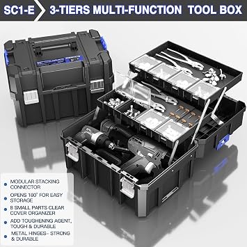 5 Tier Stackable Tool Box with Wheels,Rolling Tool Box with Drawers,Modular Tools Organizer,Portable Tool Box with Transparent Parts Box,Large Capacity Toolbox,for Garage Storage,Home and Repair Shop
