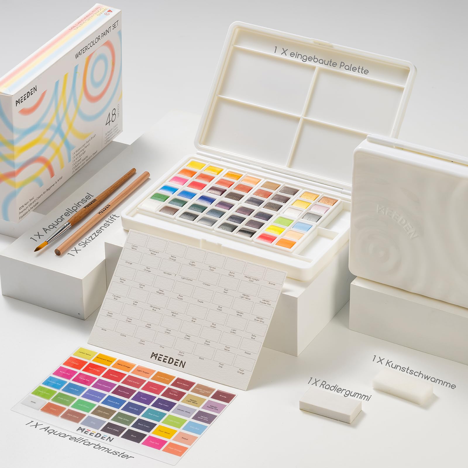 MEEDEN Aquarellfarben Set 48 Farben, Wasserfarben Set mit Abnehmbaren Blöcken, Palette und Aquarellzubehör, Watercolorset Künstlerbedarf für Einsteiger und Profis