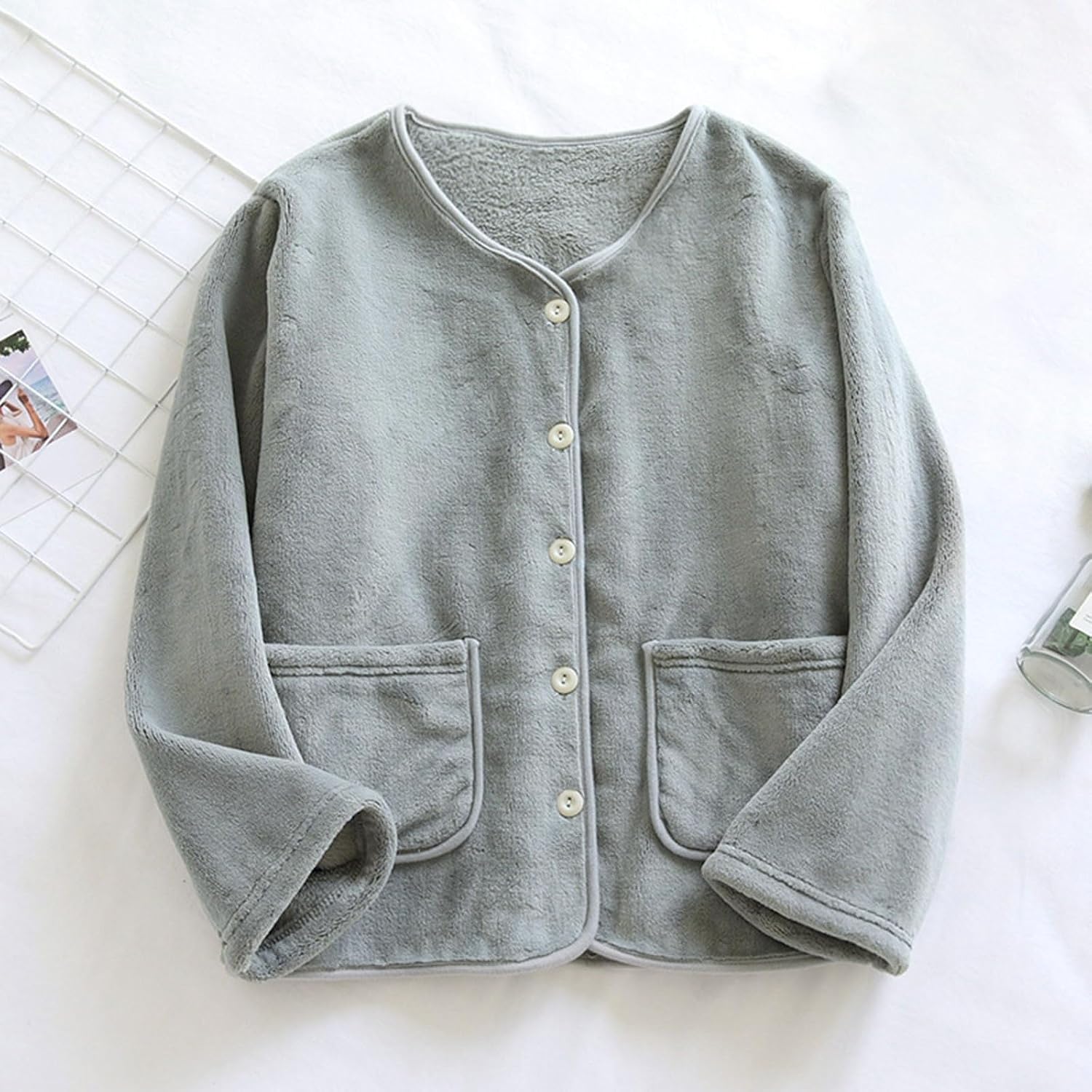 Women Fluffy Pajama Tops Plush Button Down Sleepwear Fuzzy Fleece Jacket Long Sleeve Warm Winter Coat with Pockets