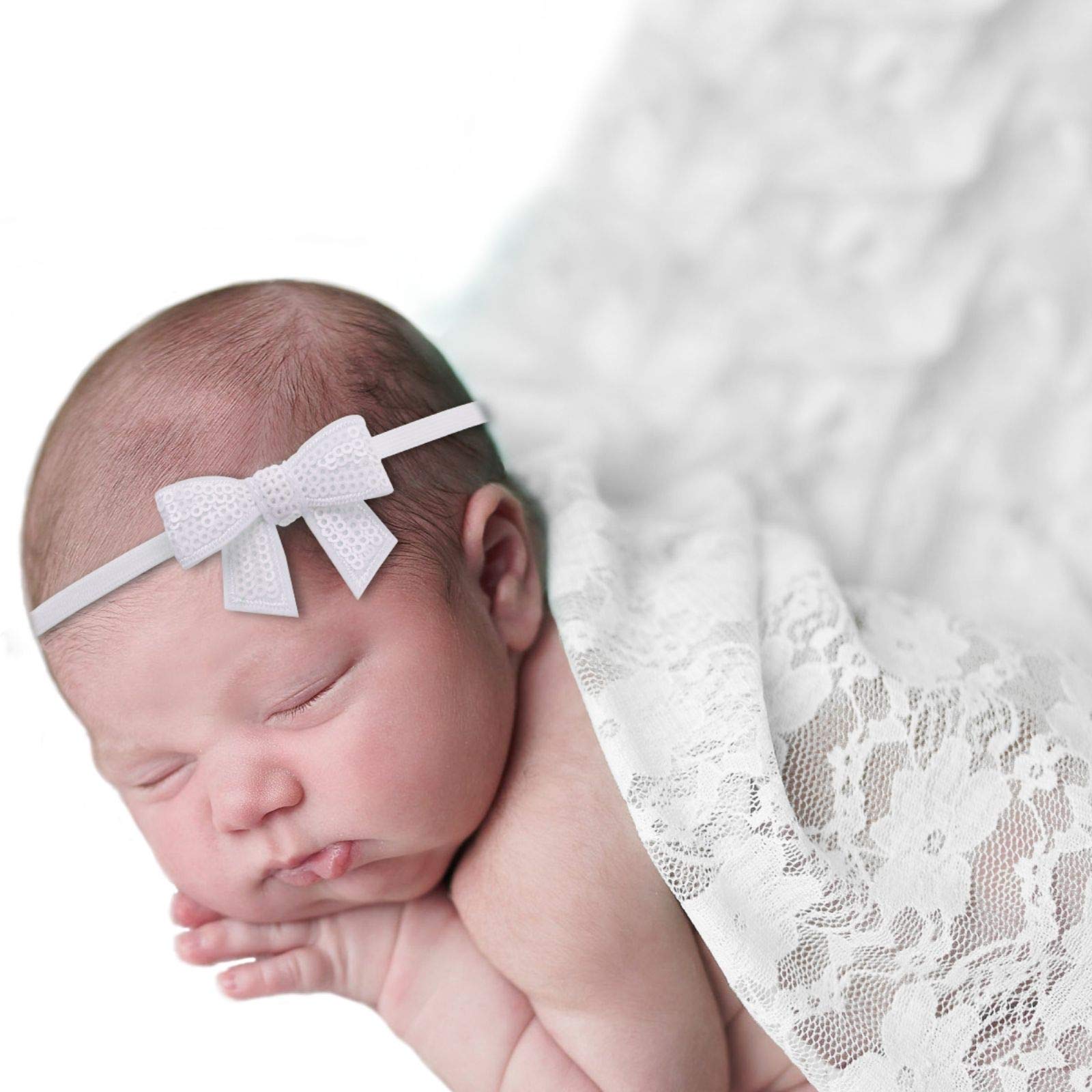 Sunmig Baby Photo Props Lace Wrap with 2 pcs Headbands Set, Professional Newborn Photography Props Floral Long Ripple Wrap (White)