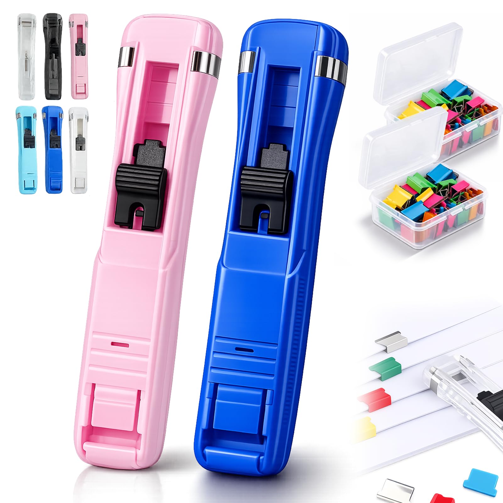Portable Binder Clip Stapler-Includes 50 Reusable Clips, Staple Free Stapler Dispenser, Handheld Paper Clam Push Fastener, Desktop Staplers for Home Office Desk Document Supplies (2PCS-G)