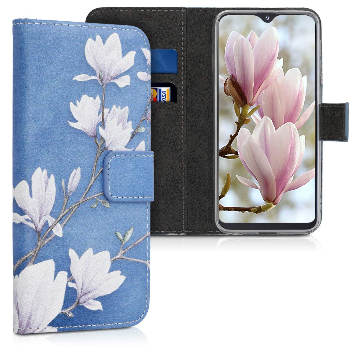 kwmobile Wallet Case Compatible with Samsung Galaxy A20e - Case Faux Leather Cover - Magnolias Taupe/White/Blue Grey