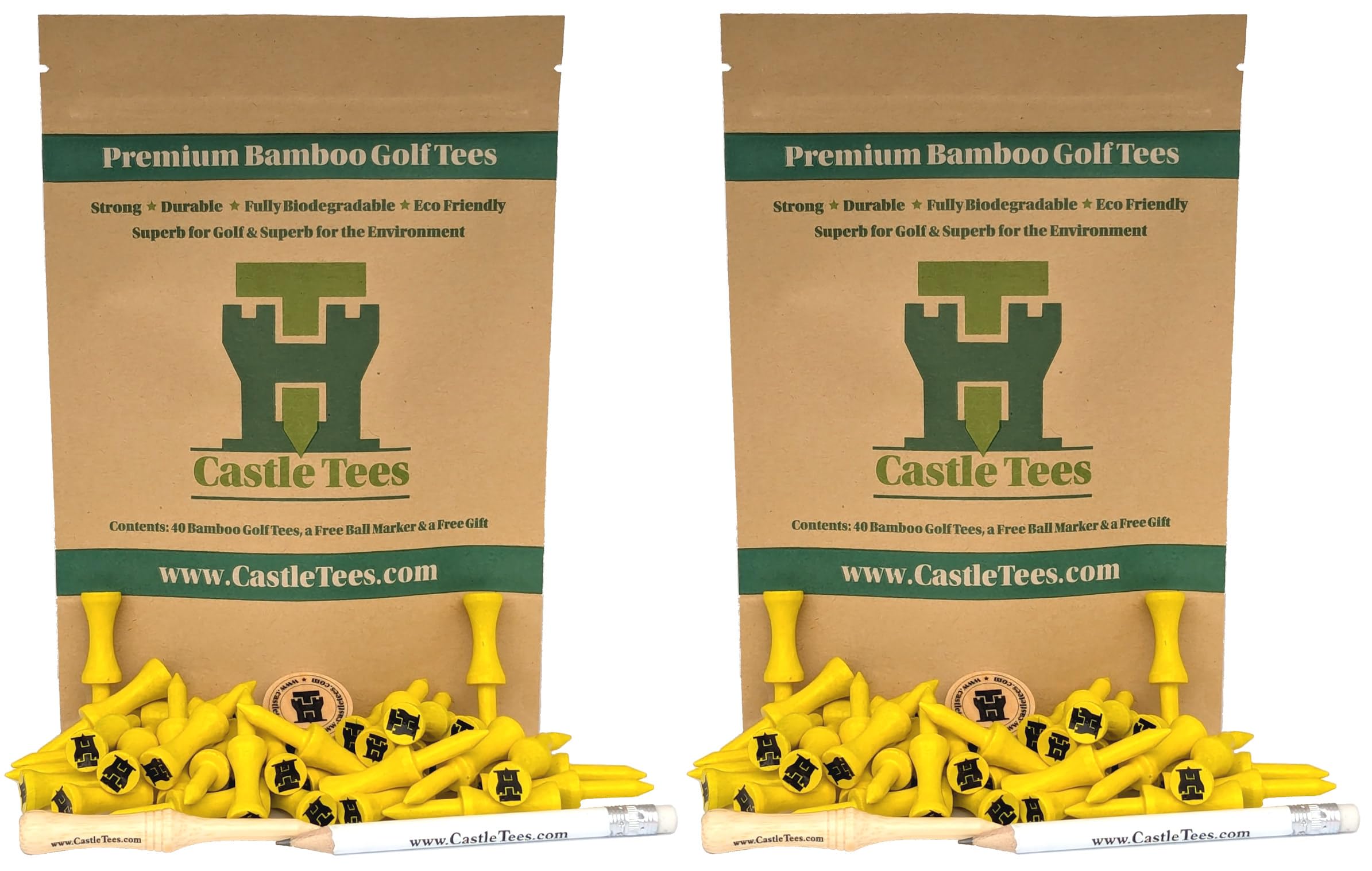 Castle Tees Original Yellow 2 Pack 80 pcs x 45mm 1 inch Premium Bamboo Golf Tees with a Free Pitch Repair Tool, Ball Marker & Pencil. Twice the strength of regular bamboo very strong Great Golf Gift