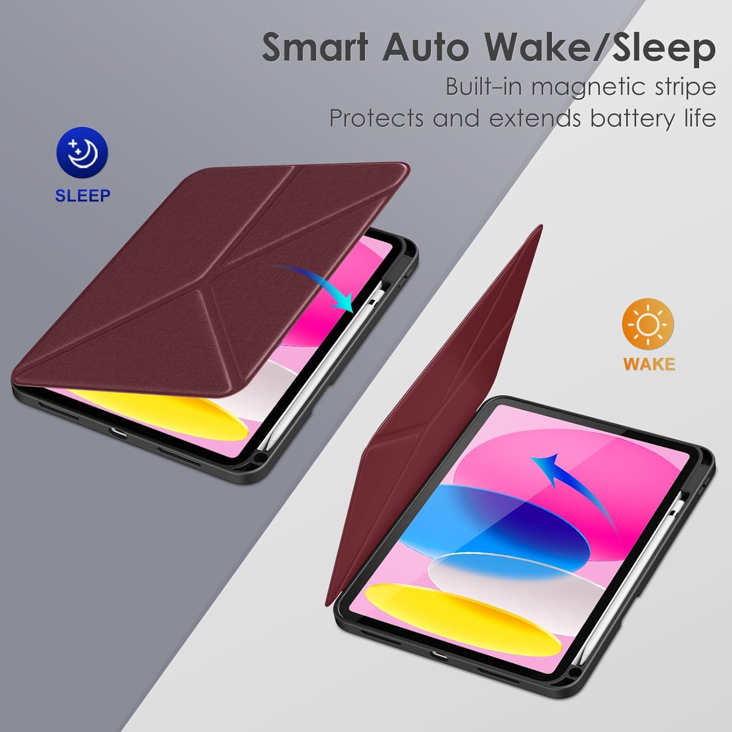 DTTO for iPad (A16) 11th Generation Case 11 Inch 2025, iPad 10th Generation Case 10.9 Inch 2022, Foldable Stand Cover with Landscape and Portrait Modes & Pencil Holder, Burgundy Red