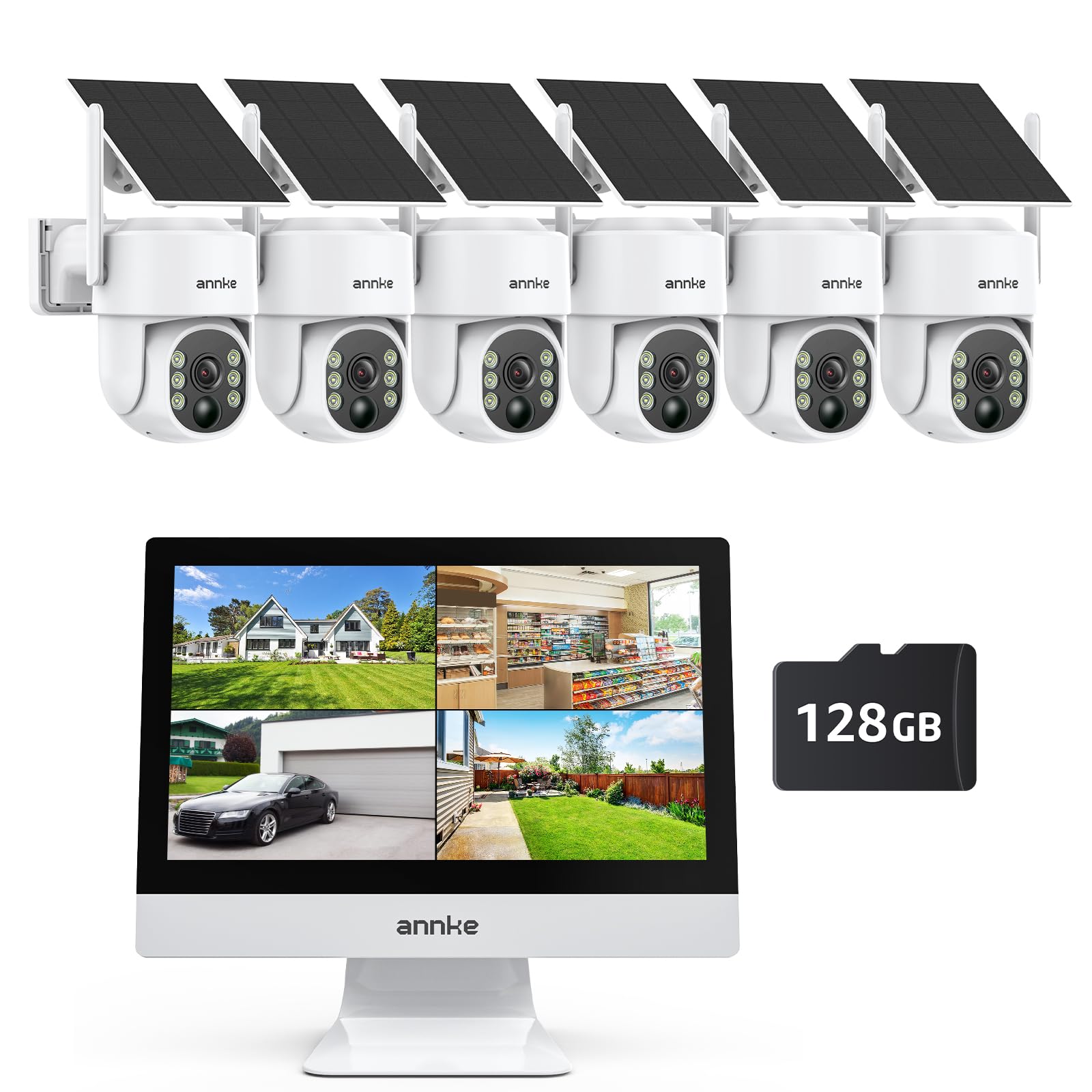 ANNKE 4MP Überwachungskamera Set Aussen WLAN mit 12''Monitor, 10CH 4K Wireless NVR, 6X 4MP PTZ WiFi Kameras mit 2-Wege Audio, Farbe Nachtsicht, Personenerkennung, Spotlight Alarm, 128GB SD Karte