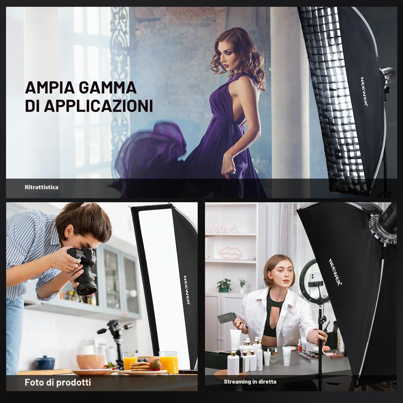 NEEWER Softbox pieghevole rapido da 12" x 47" con striscia rettangolare e supporto Bowens con diffusori/griglia a nido d'ape compatibile con Godox Aputure 120d luci video Q4 flash da studio NS17S