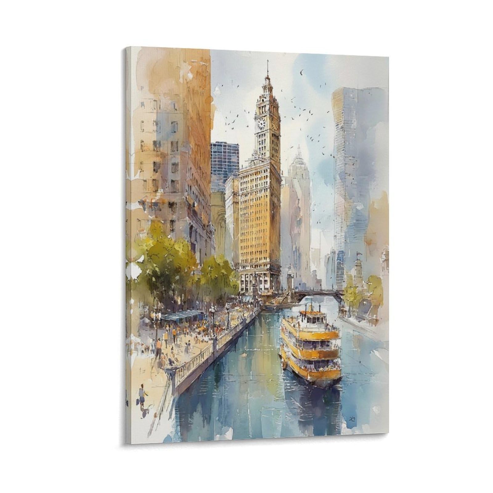 XWYMXZ Boston Skyline Watercolor Painting Travel Posters 24x36inch(60x90cm) Vintage Watercolor Canvas Art