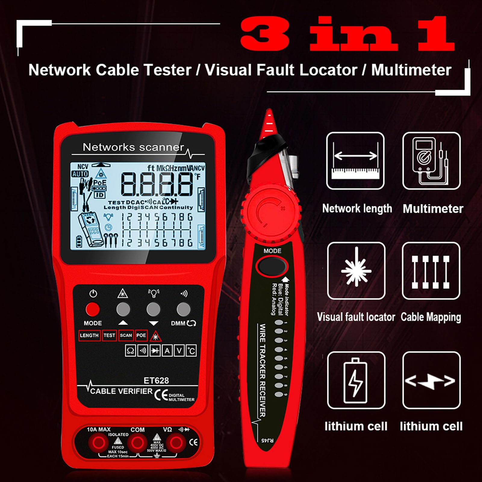 Naroote Multifunktionales Kabelsuchgerät, Digitaler Leitungsfinder und Schaltungsanalysator mit 3 Testmodi und Akkumulator für CAT5- und CAT6-Netzwerkkabel Sowie Koaxial-Videokabel
