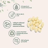 Vista 3 de Super Vitamin K Complex (K2 MK7 + MK4 & K1), 360 Coconut Oil Softgles Easily Absorbed K Vitamins, Active Menaquinone Complex Non-GMO
