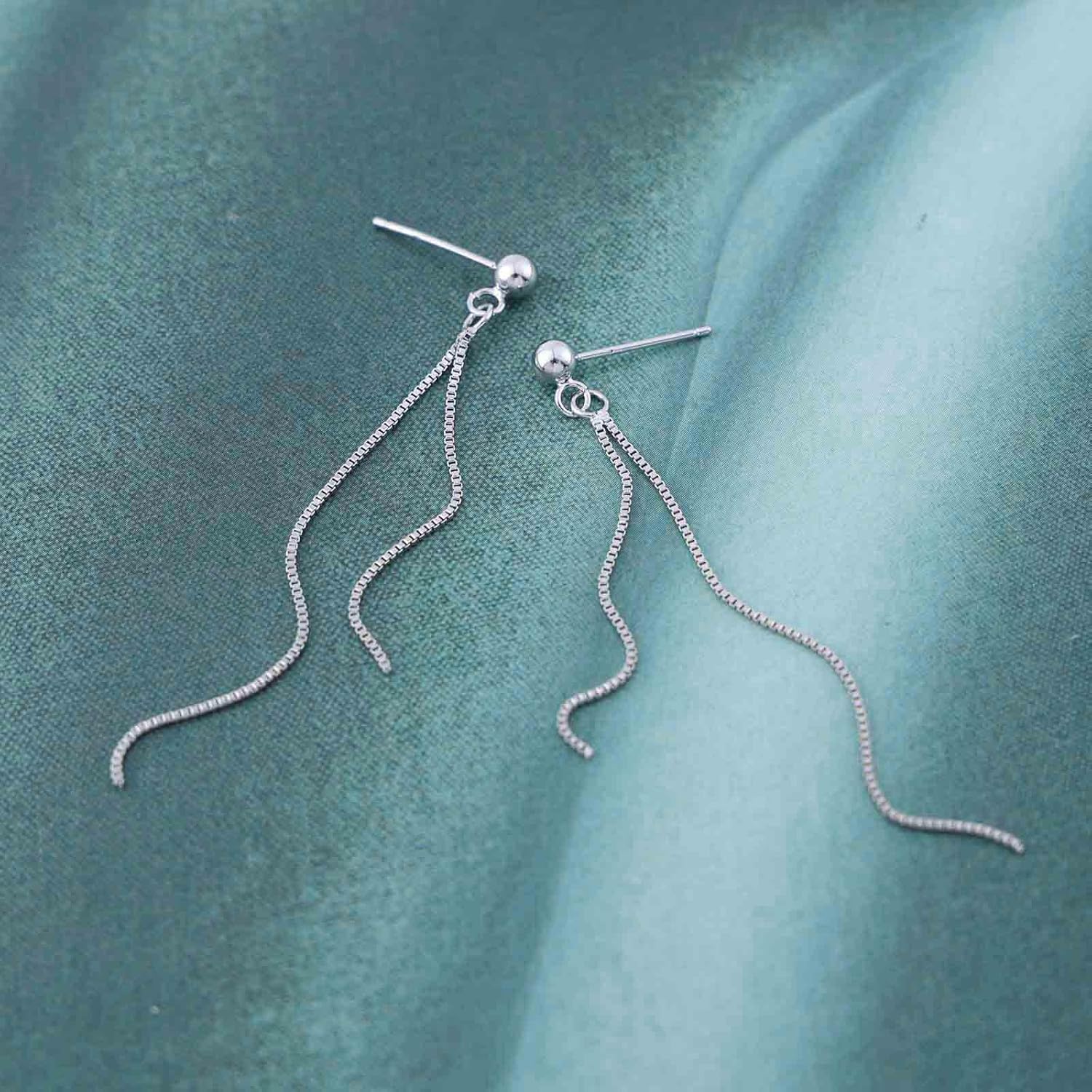 Vintage Silver Tassel Chain Earrings Metal Sleek Chain Drop earrings Long Chain Dangle Earrings Silver Double Fringe Chain Earrings Jewellery for Women - Image 3