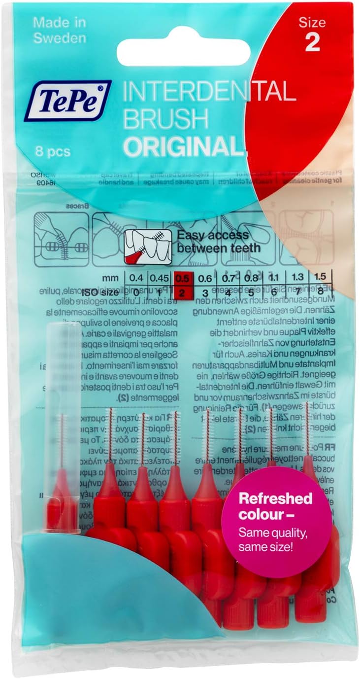 TePe Interdental Brush, Original, Red, 0.5mm/ISO 2, 8pcs, efficient Cleaning Between Teeth, Plaque Remover and Dental flosser for Narrow Gaps