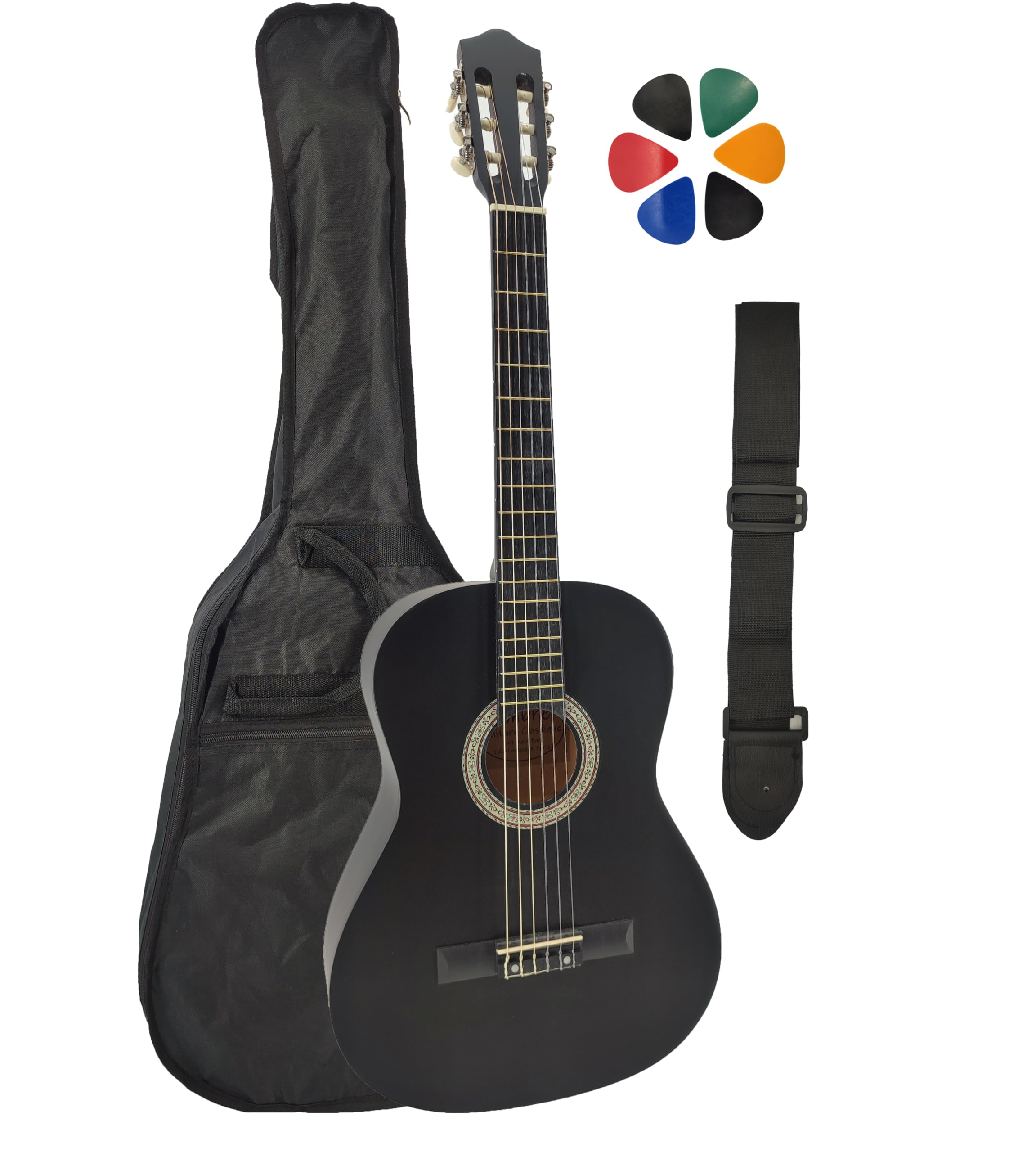 Pack Guitare Classique 4/4 (Adulte) avec Sangle et 6 Médiators (Noir)