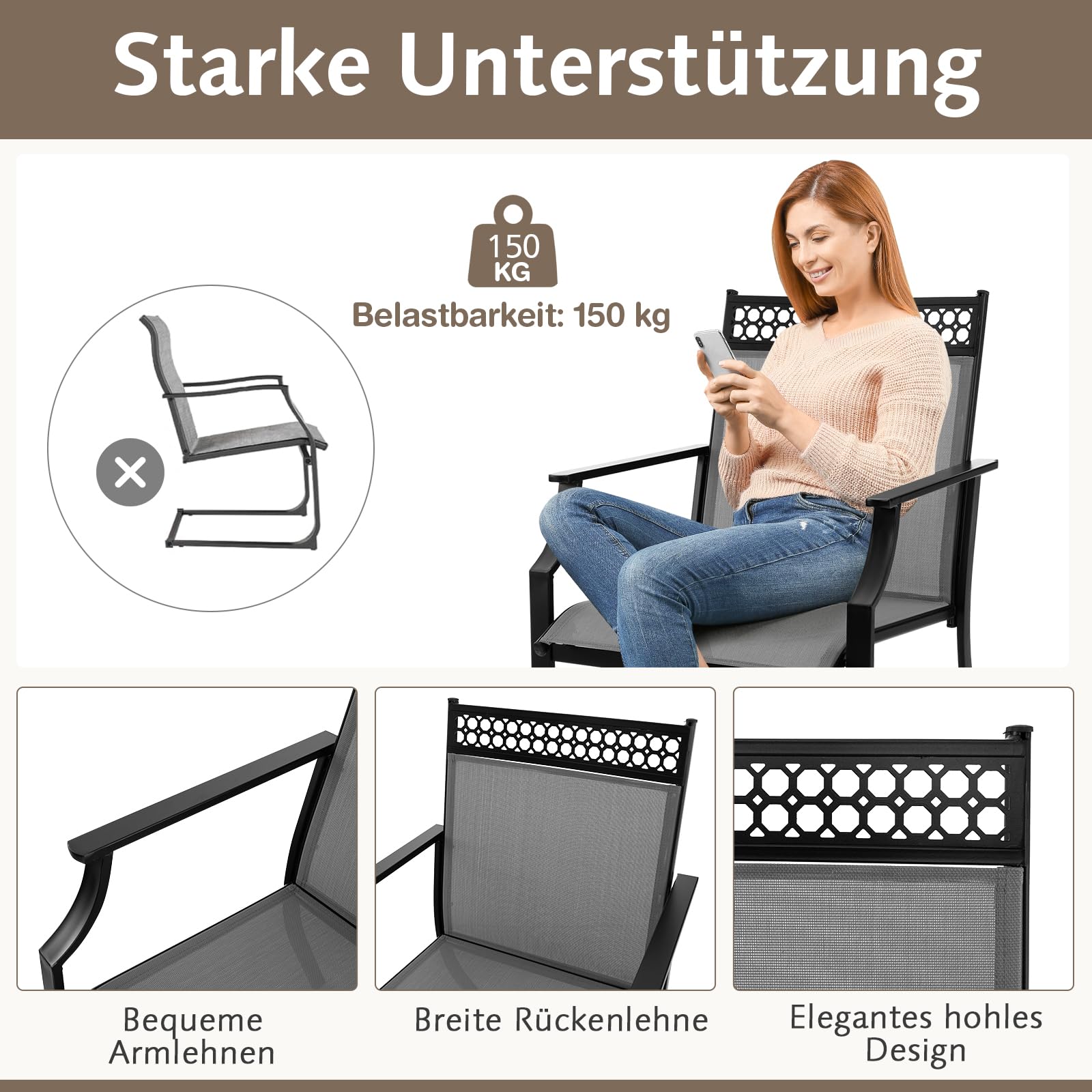 COSTWAY 2er Set Gartenstühle, Terrassenstühle mit breiter Sitzfläche & schnell trocknendem Stoff, Balkonstühle, Outdoor-Stühle bis 150 kg belastbar, für Garten, Balkon, Poolbereich (Grau)