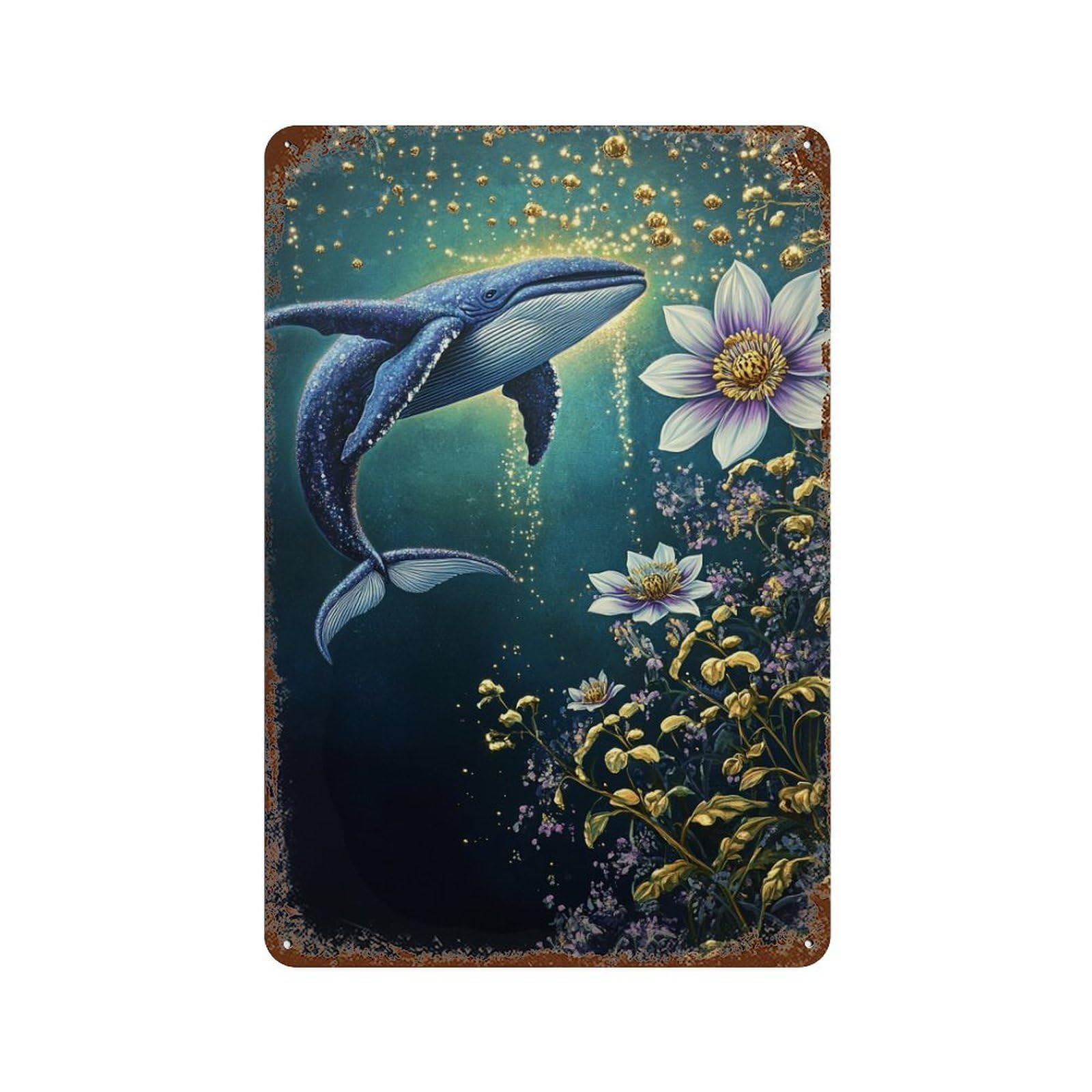 Garage Style Whale And Flowers Underwater Scene Rustic Tin Plaque 11.8"x7.9", Classic Wall Plaque for Bar And Workshop