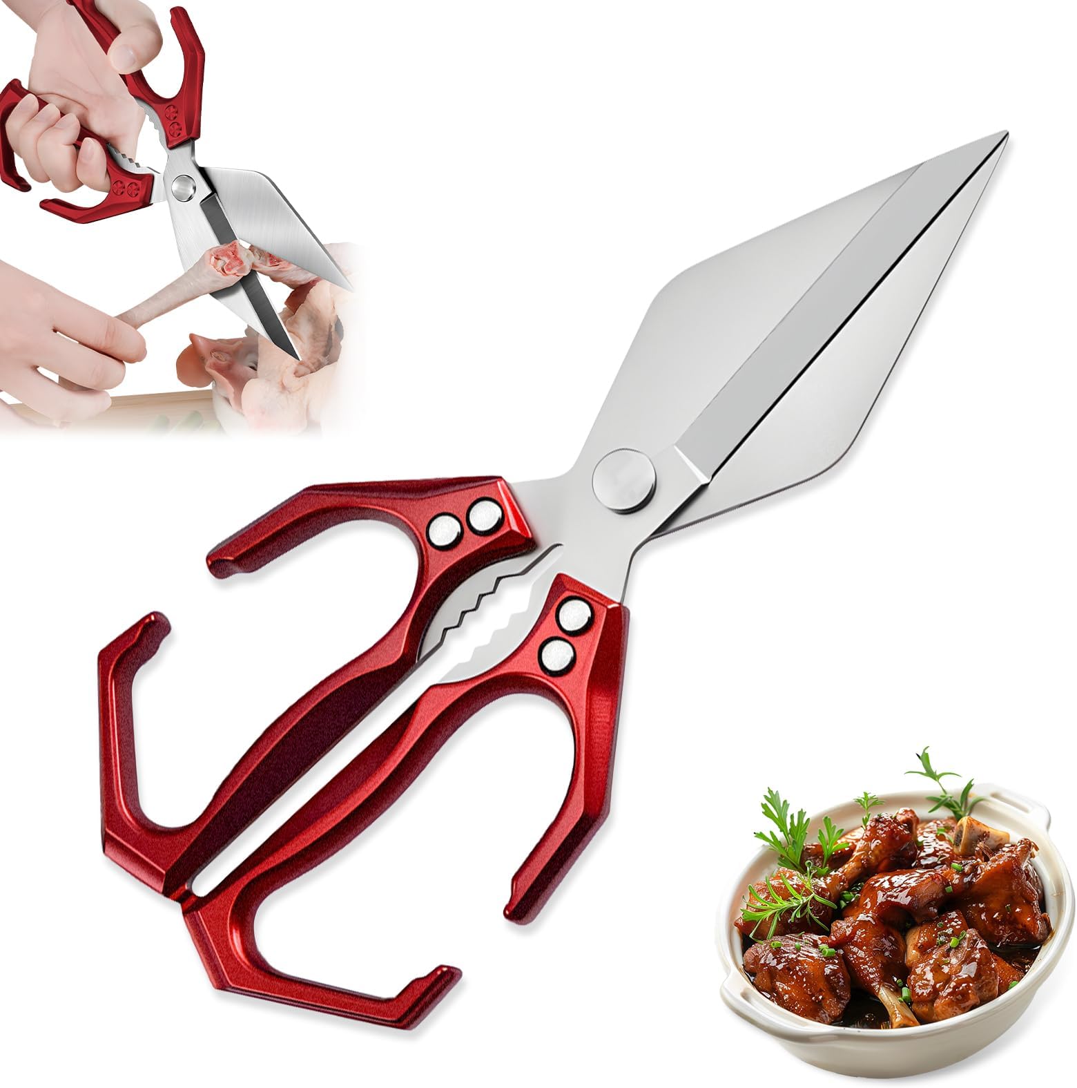 Multifunctional Heavy-Duty Kitchen Shears, 2025 New Heavy Duty Kitchen Scissors for Food with Ergonomic Handle, High-Carbon Steel Culinary Shears for Chicken, Meat, Seafood, Bone Cutting (Red)