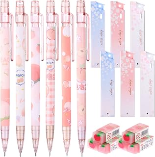 Cute Mechanical Pencil Set for Kids- 6pcs Kawaii Juice Peach Mechanical Pencils with Erasers and 0.5mm Tubes Pencil Refills for Student Writing, Drawing, Sketching, Architecture