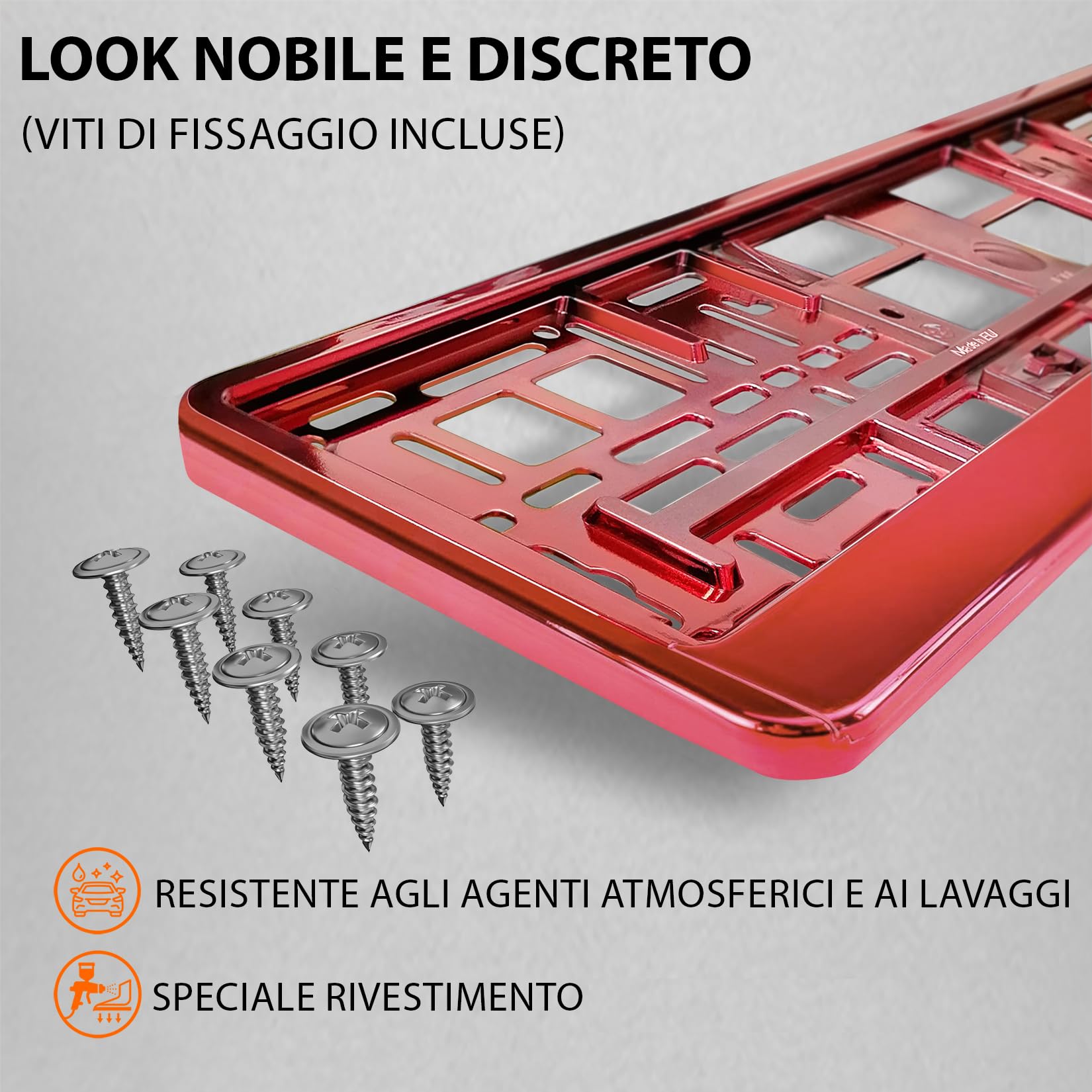 Portatarga Auto - Supporto Targa - [semplice, durevole e sicuro] - 8 viti - 520x110 mm - Rosso Cromo - Porta Targa - adatto a qualsiasi auto - per targhe italiane omologate - Fissaggio per Targa