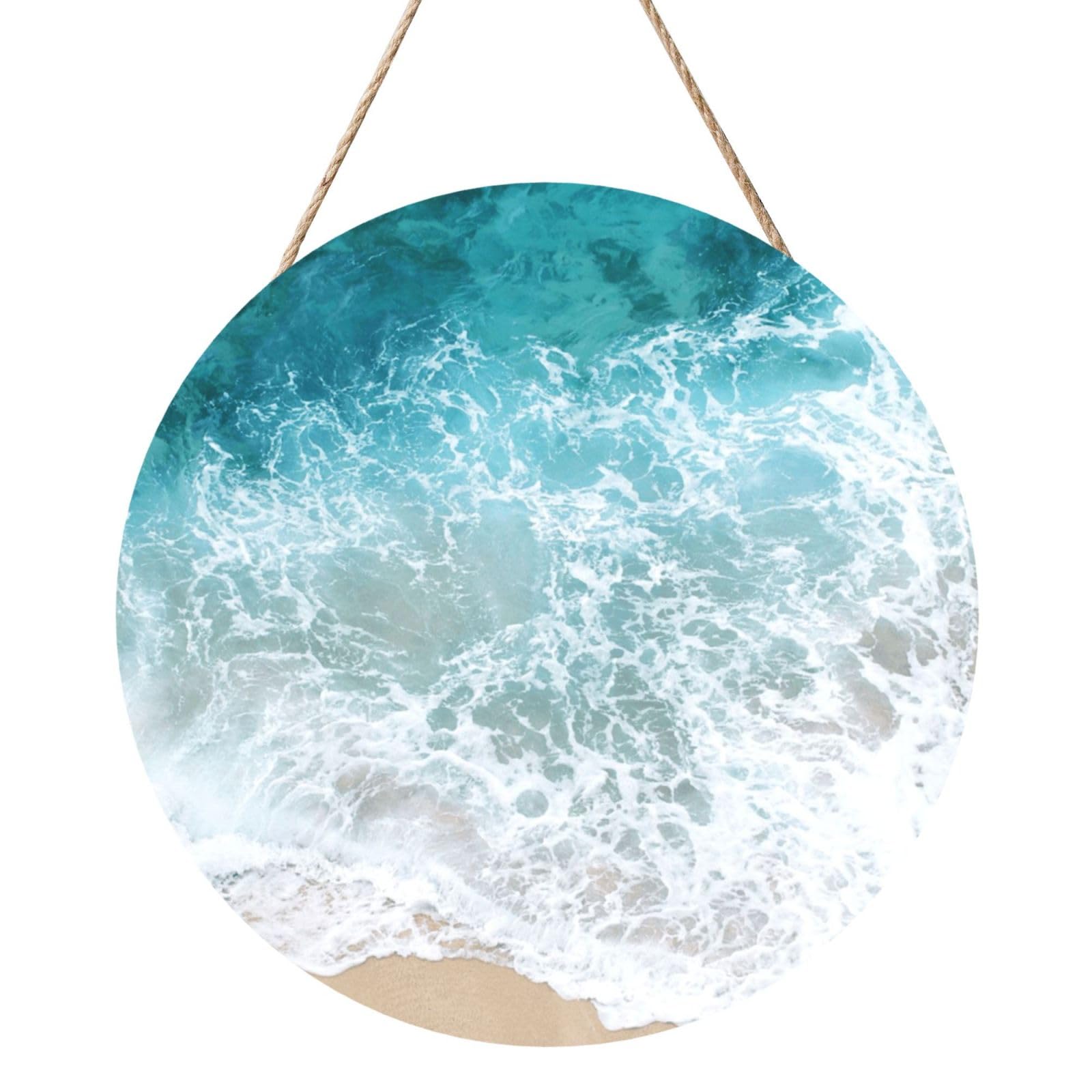 InOmak Beautiful Ocean Waves, Round Wood Panel Painting 12 in, Wall Hanging Painting For Home