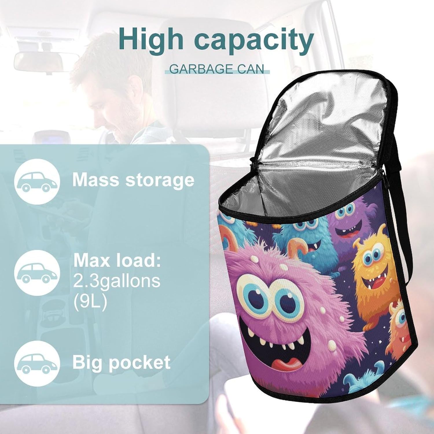 Hanging Car Trash Bag Cartoon Colorful Monster Printed Car Garbage Storage Bag Leakproof Car Trash Can Portable Garbage Storage Bags