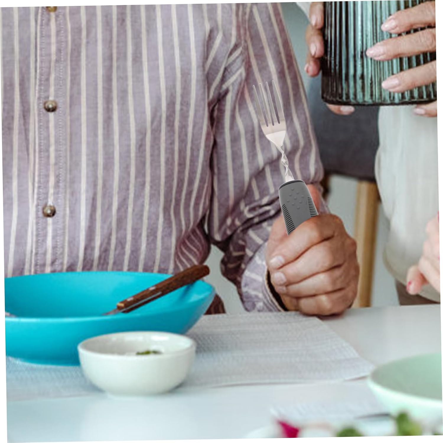 1 Set Adaptive Eating Utensils Set Stainless Steel Fork and Spoon for Elderly with Tremor Design Comfortable Rubber Grip for Independent Dining or Nursing Facilities