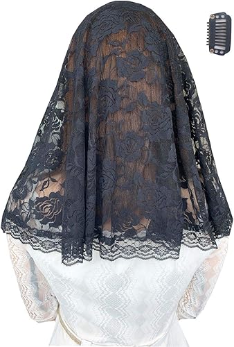 Miniatura 2 de Velo de mantilla de encaje suave y cómodo 7 colores estilo español con encaje rosa cubierta de cabeza en forma de D