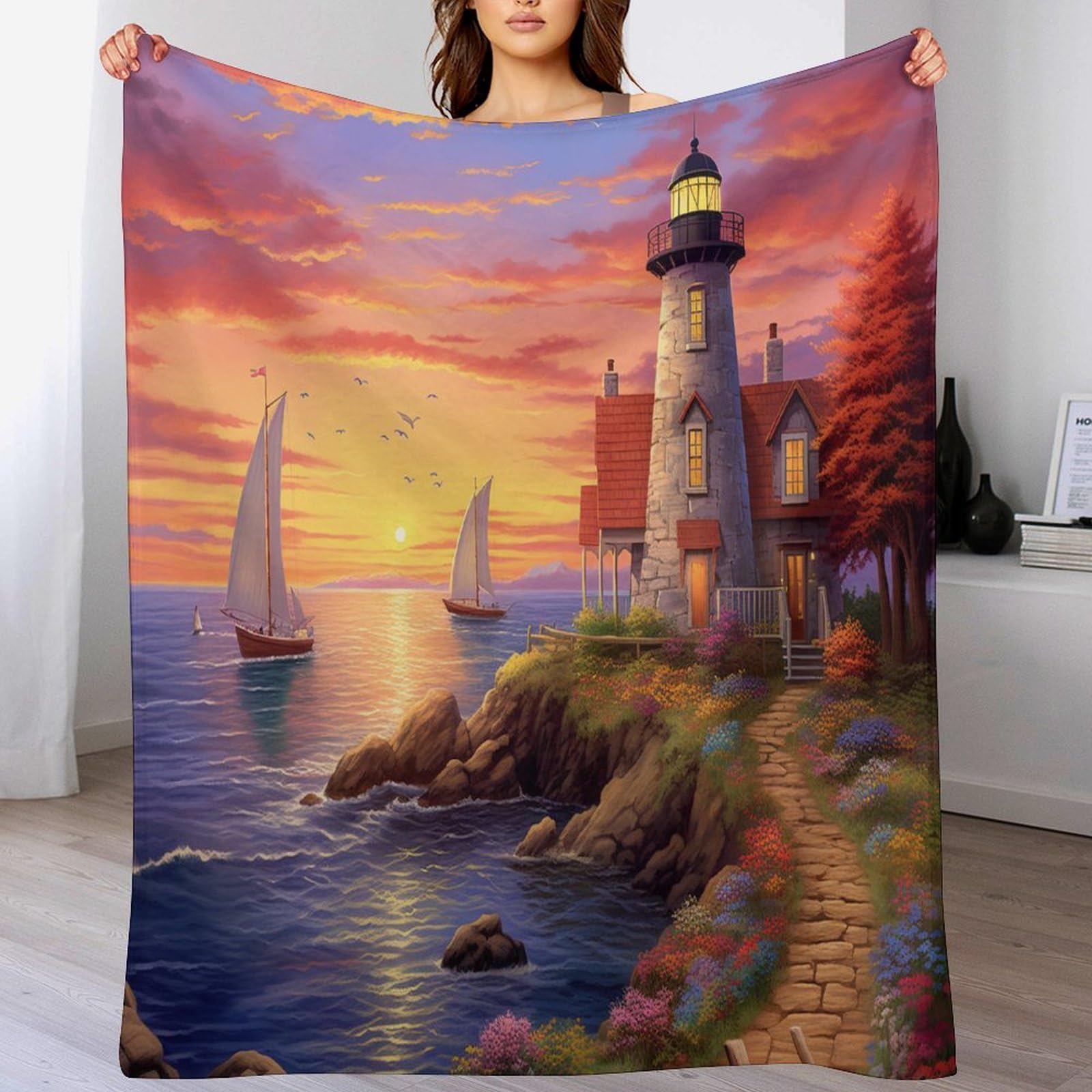 Couverture canapé phares côtiers en flanelle douce et chaude de taille 180x200cm pour salon et bureau