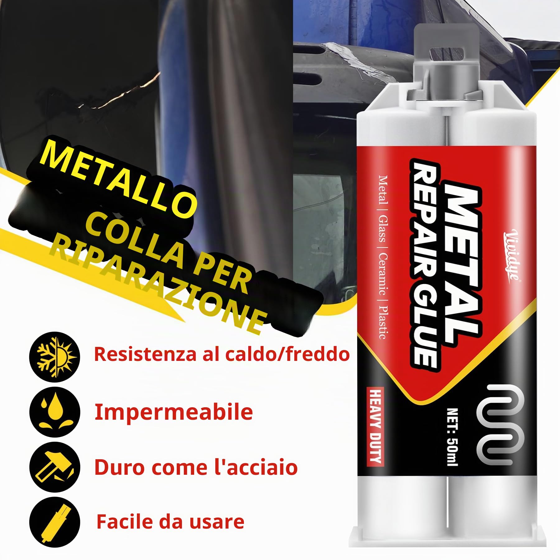 Colla Metallo 100 ml - Colla Epossidica Bicomponente per la Riparazione Rapida di Metallo, Acciaio, Ferro, Lega di Alluminio, Rame, Ceramica - Adesivo Attaccatutto Forte e Resistente al Calore