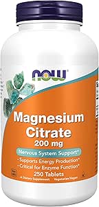 NOW Supplements, Magnesium Citrate 200 mg, Enzyme Function*, Nervous System Support*, 250 Count (Pack of 1)