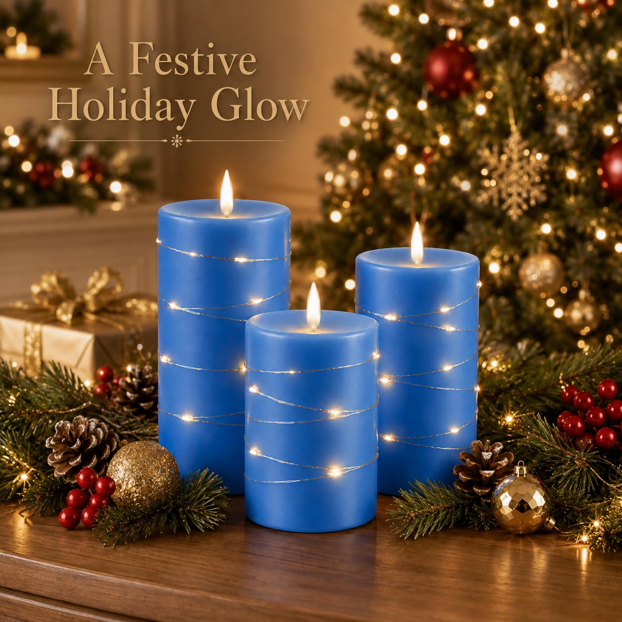 Upinmz Candele blu tremolanti senza fiamma con luci a stringa incorporate, candele a batteria con telecomando e timer, candele LED senza fiamma per decorazione domestica, in vera cera, set di 3