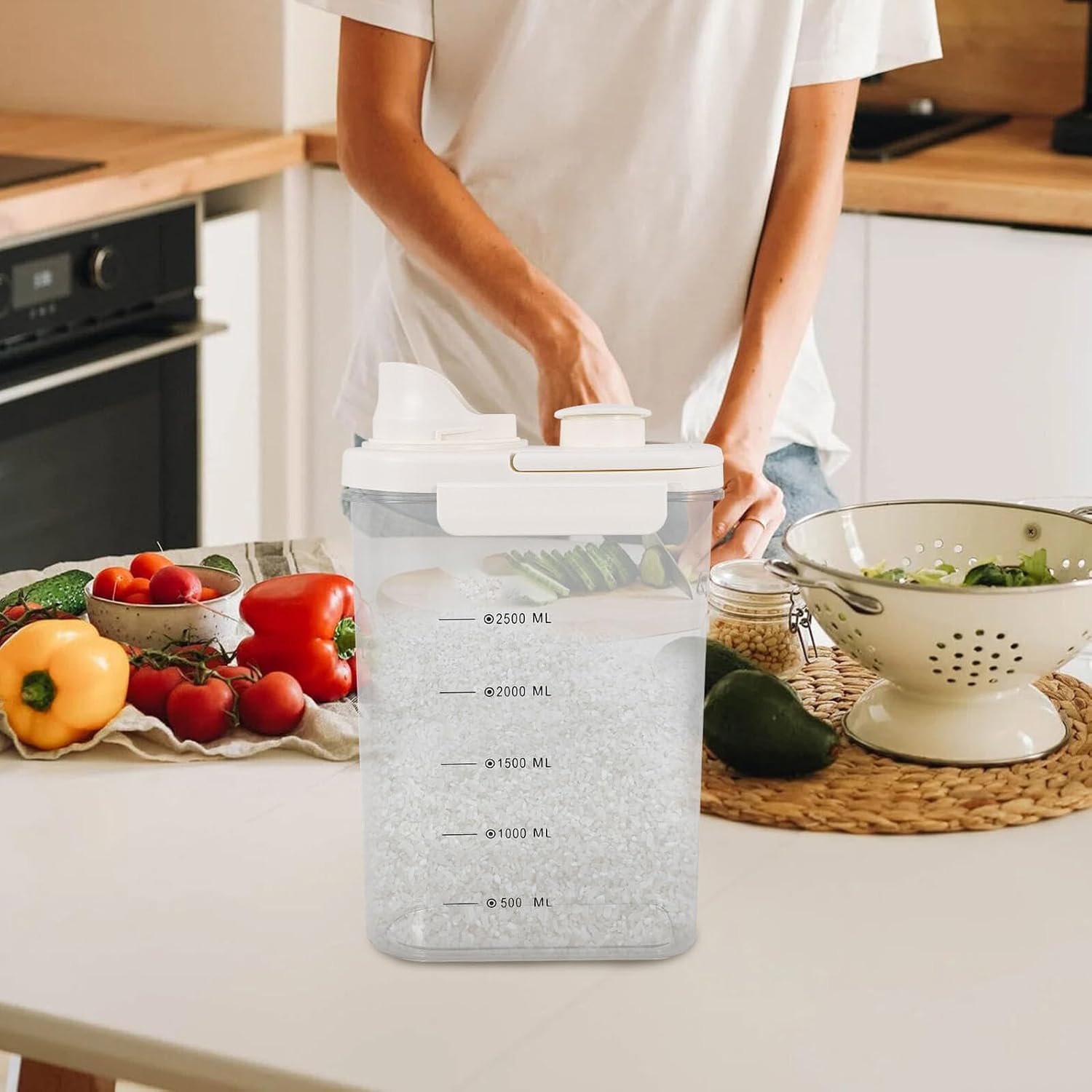 Airtight Rice Storage Container 2.8l White Cereal Storage Bucket with Lid Food Grain Organizer for Kitchen Pantry