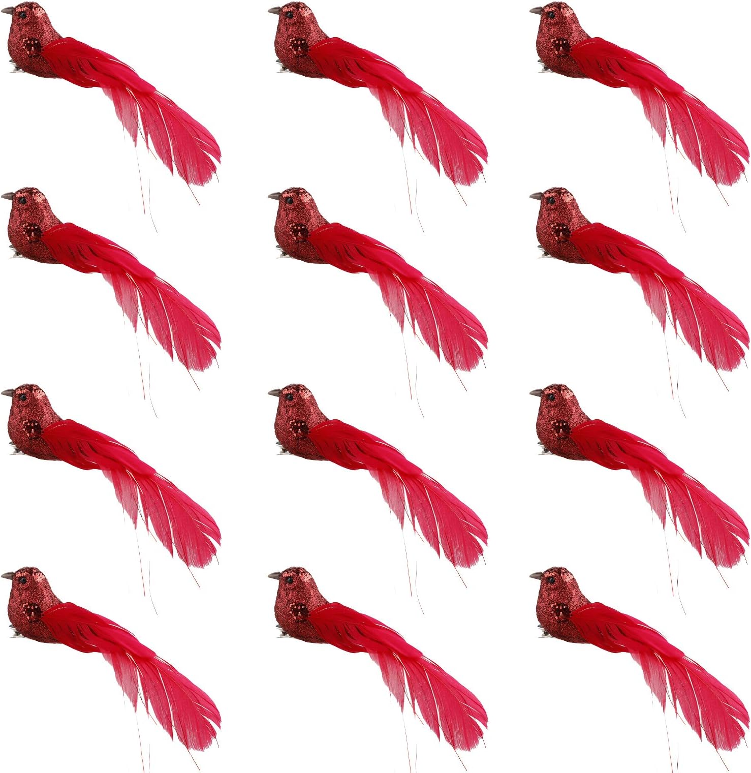 Epaynetwork 12 Pcs Red Cardinal Christmas Ornament, Glitter Sequined Feather Birds Mini Birds Clip On Christmas Tree DIY Craft for Home Wedding Garden Party Embellishing Decorations